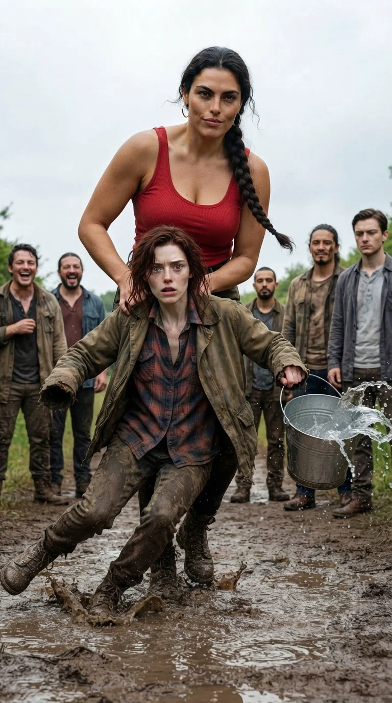 A tall woman in a red tank top shoulders past Garnet, splashing a pail as pack members laugh.