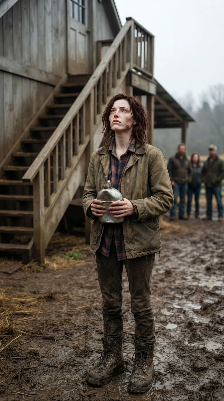 Garnet stands alone in the muddy yard holding a canteen and looking up at the attic stairs.