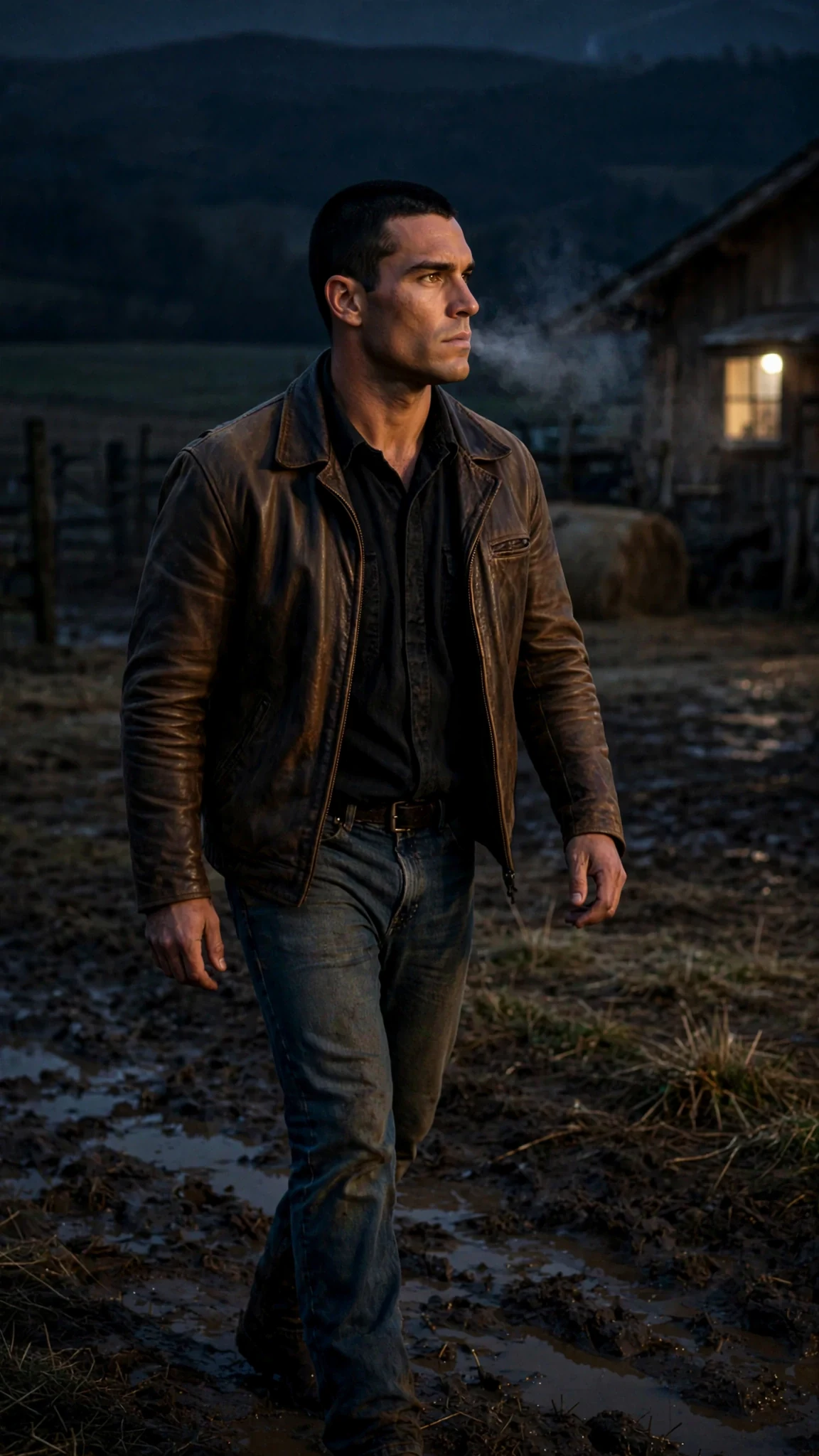 A tall man in a leather jacket walks across a dark muddy farmyard toward one lit window.