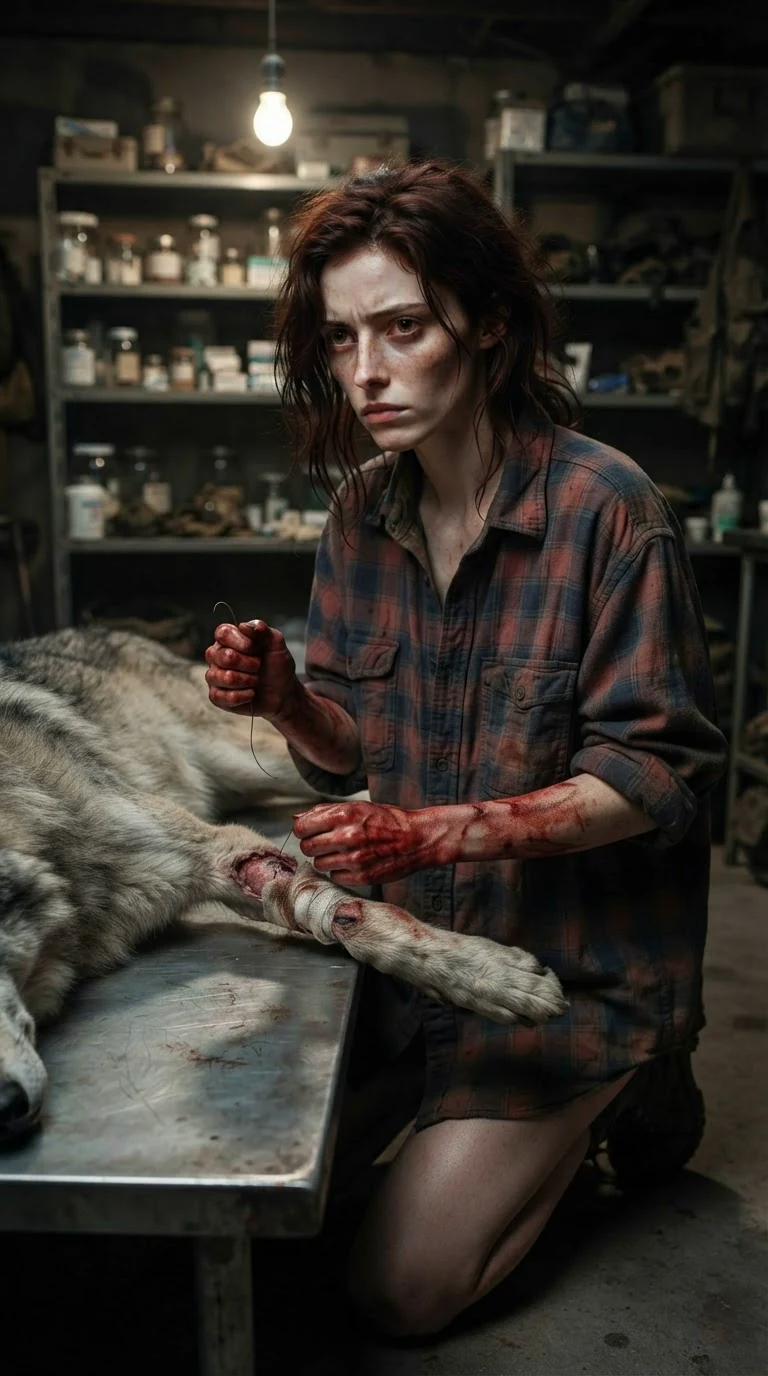 A small red-haired woman kneels by a hurt wolf on a metal table, blood to her elbows.