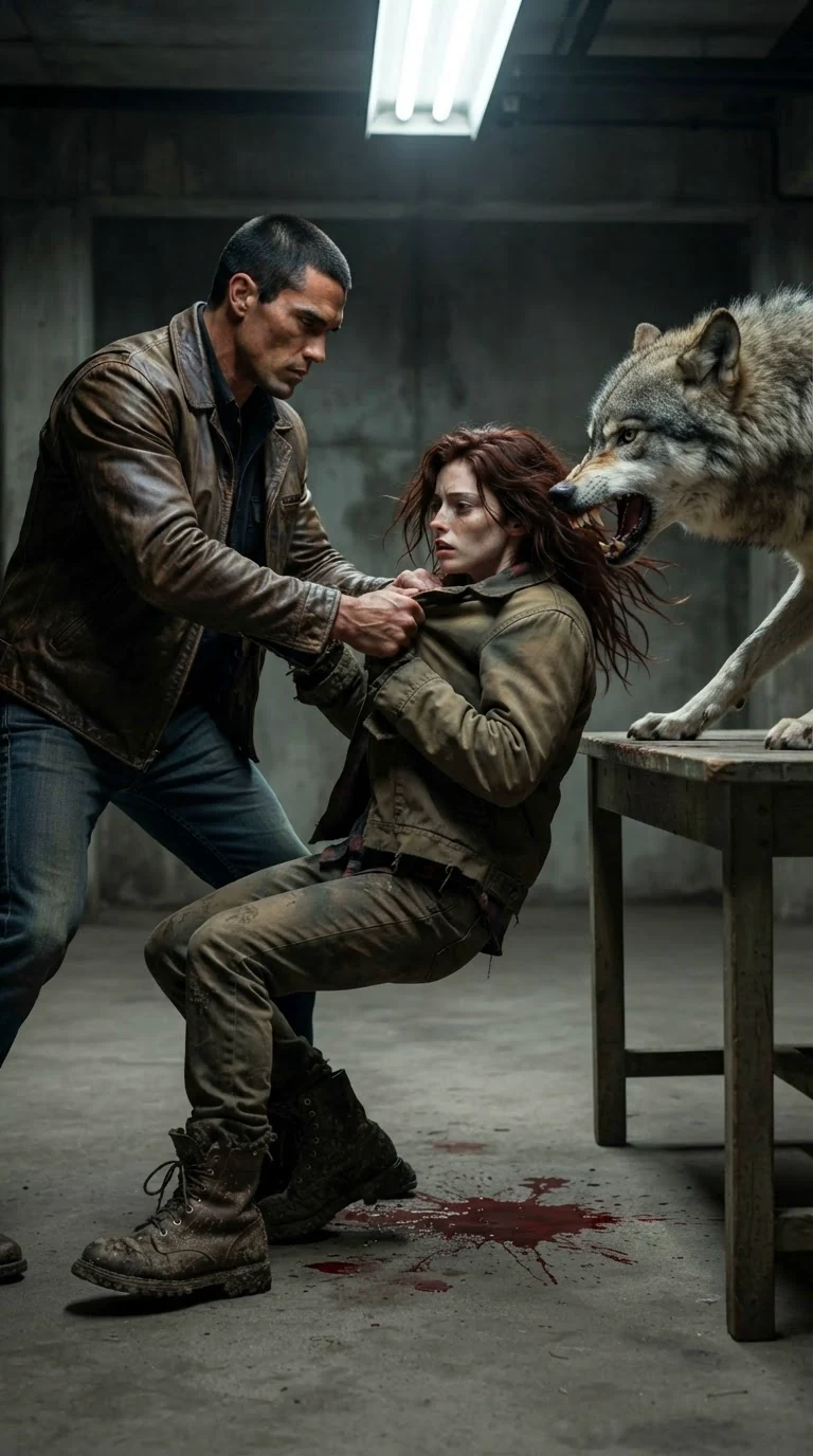 The man hauls the woman back by her jacket as the wolf snaps at her.