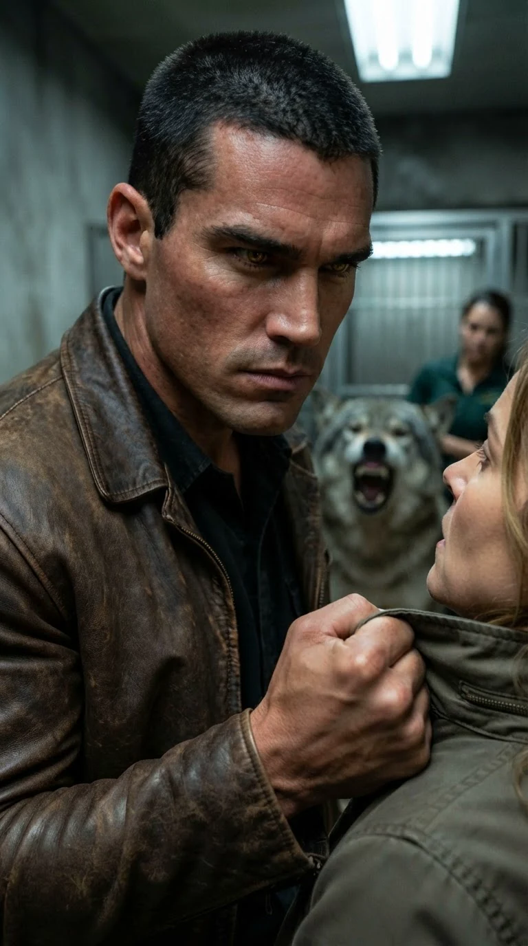 Close on the man's angry face, still gripping her jacket, the wolf behind them.
