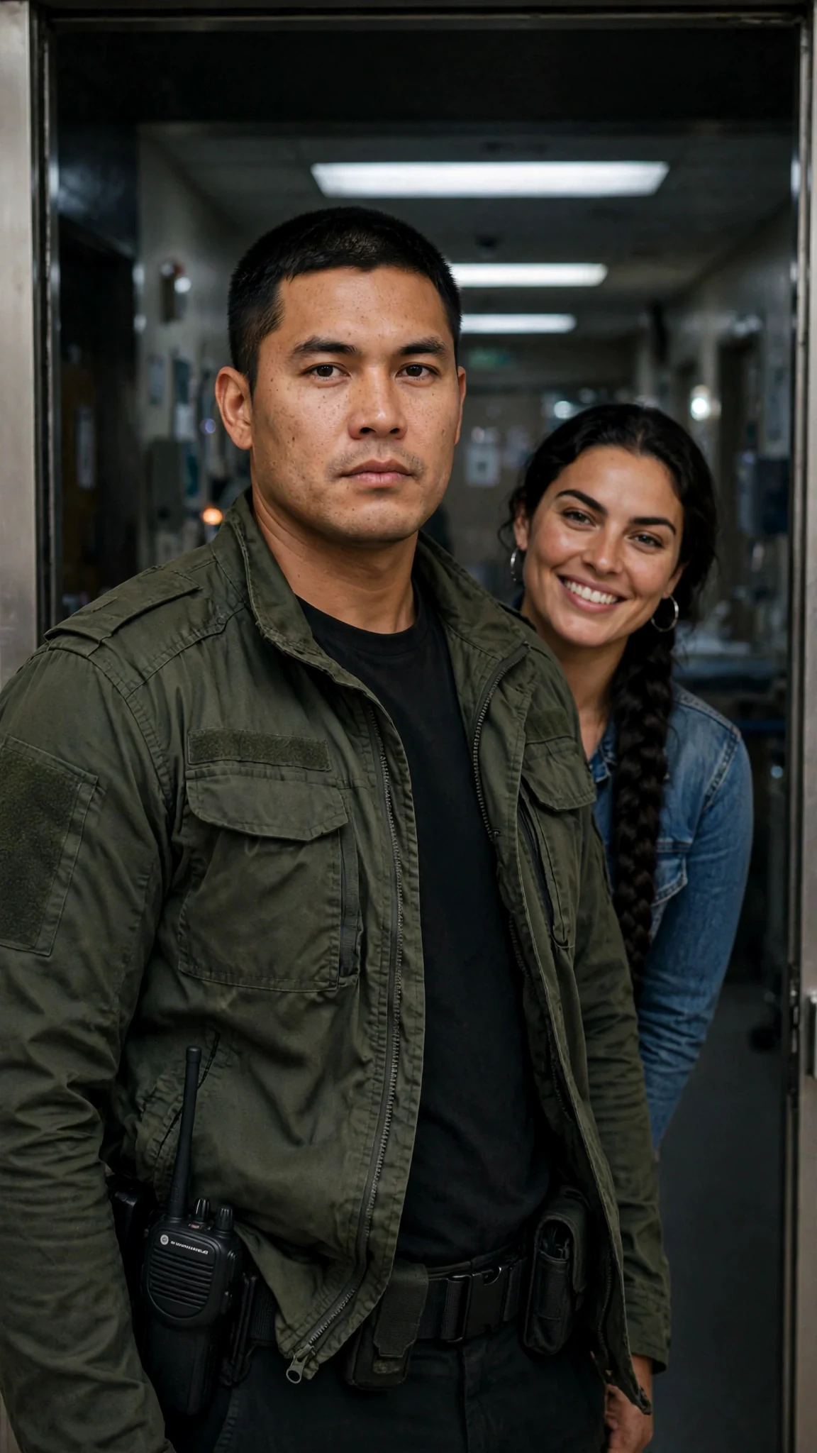 A guard fills the clinic doorway and a tall woman with a braid smirks behind him.