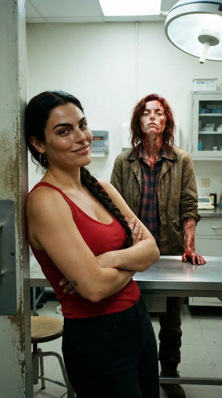 The woman in the red tank leans in the doorway, grinning, while the redhead stands bloody.