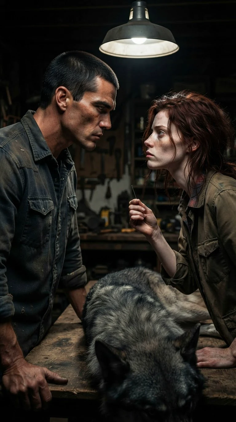 The man and the small woman face each other across the bleeding wolf.