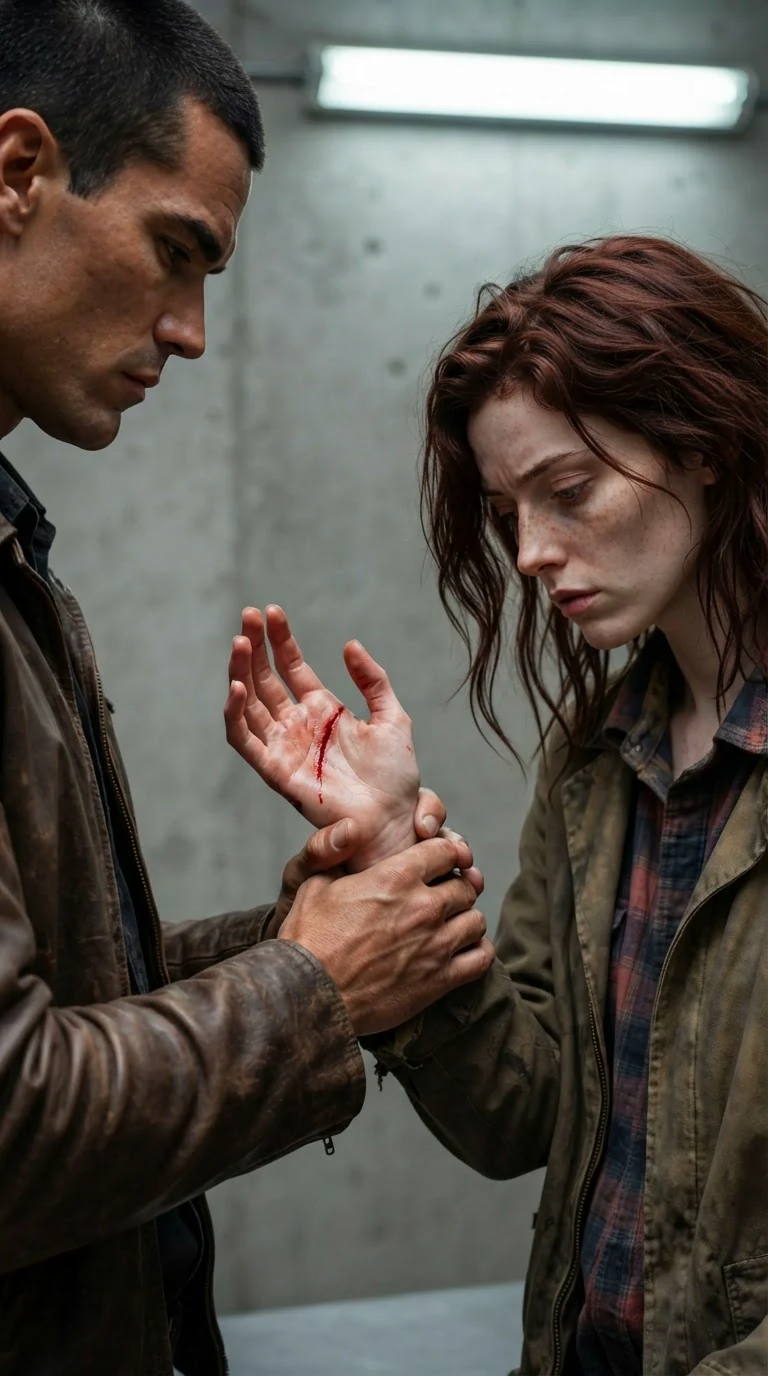 He lifts her wrist and turns her bloody hand in the light.