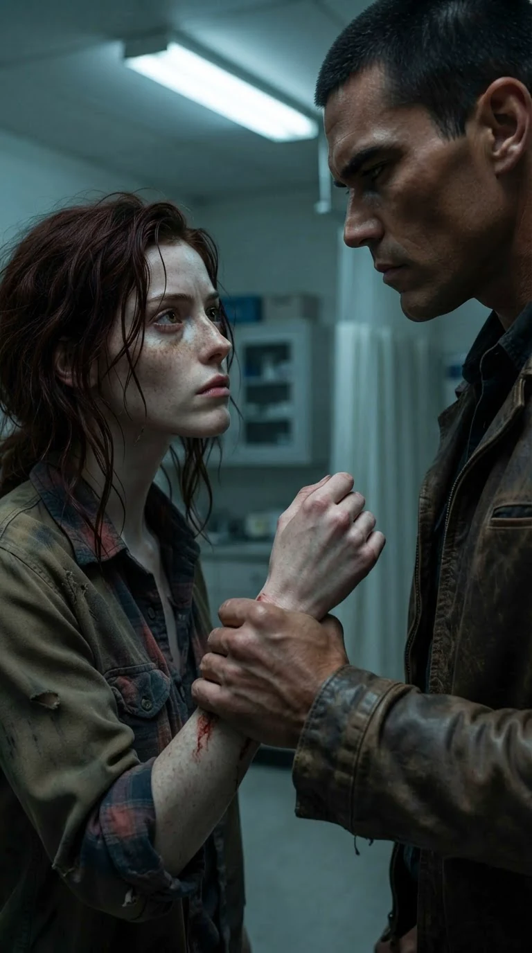 The small woman looks up at him, her wrist still in his hand.