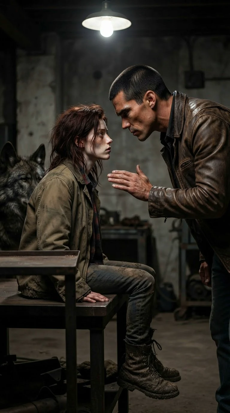The man leans in over her, jaw hard, one finger pointed.