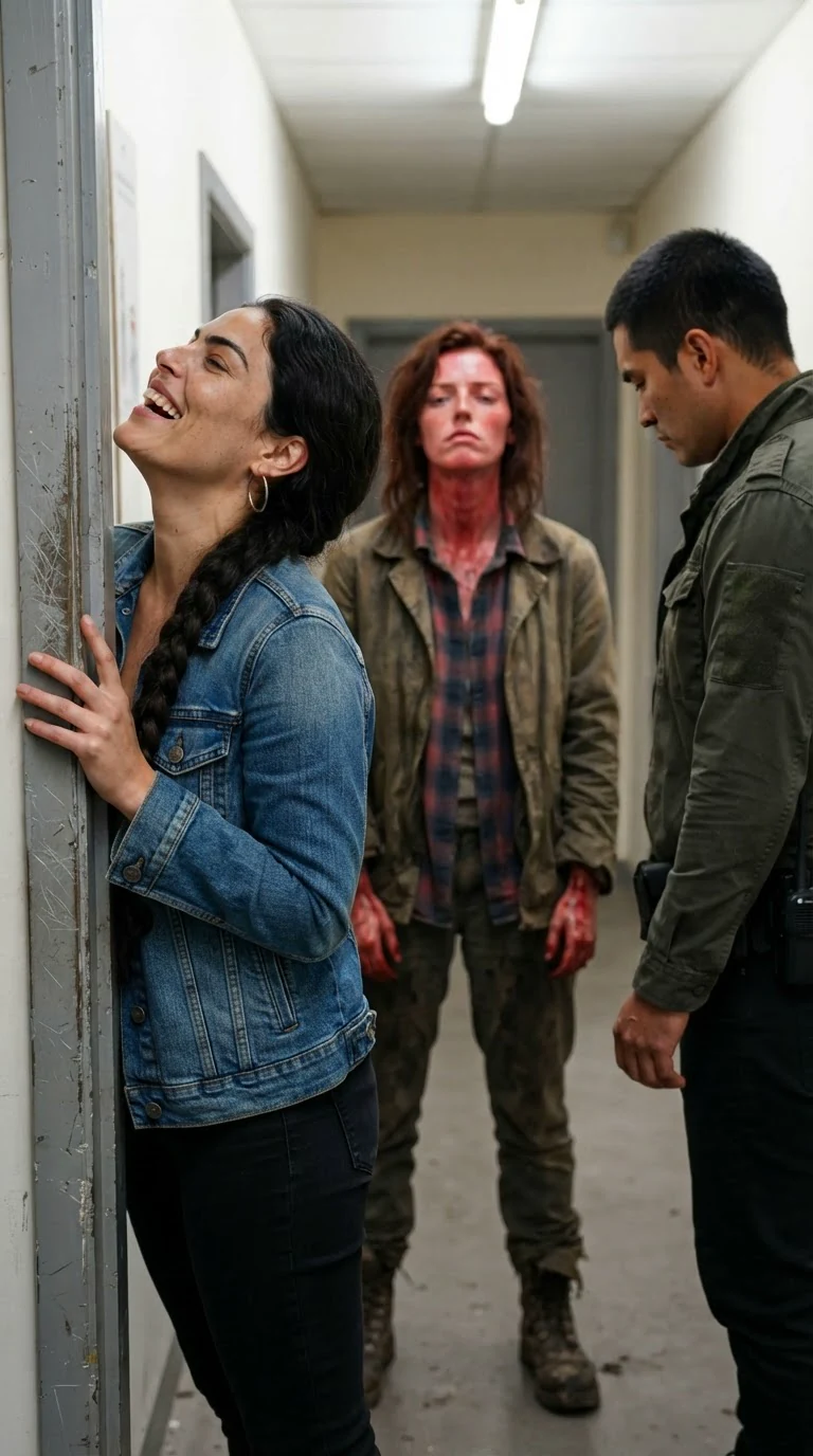 The woman in the denim jacket laughs, and the redhead's face burns red.