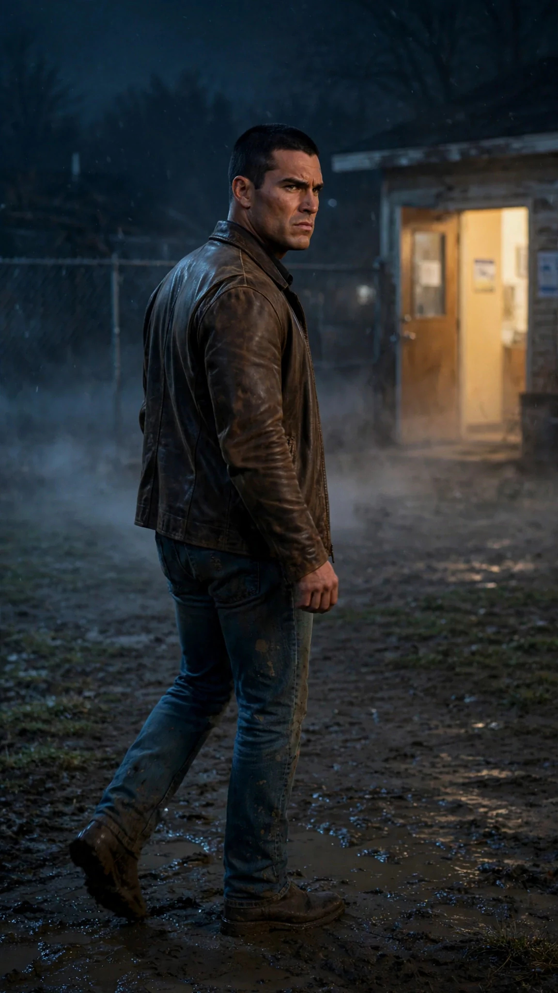 He stops in the dark yard and turns back toward the lit clinic door.