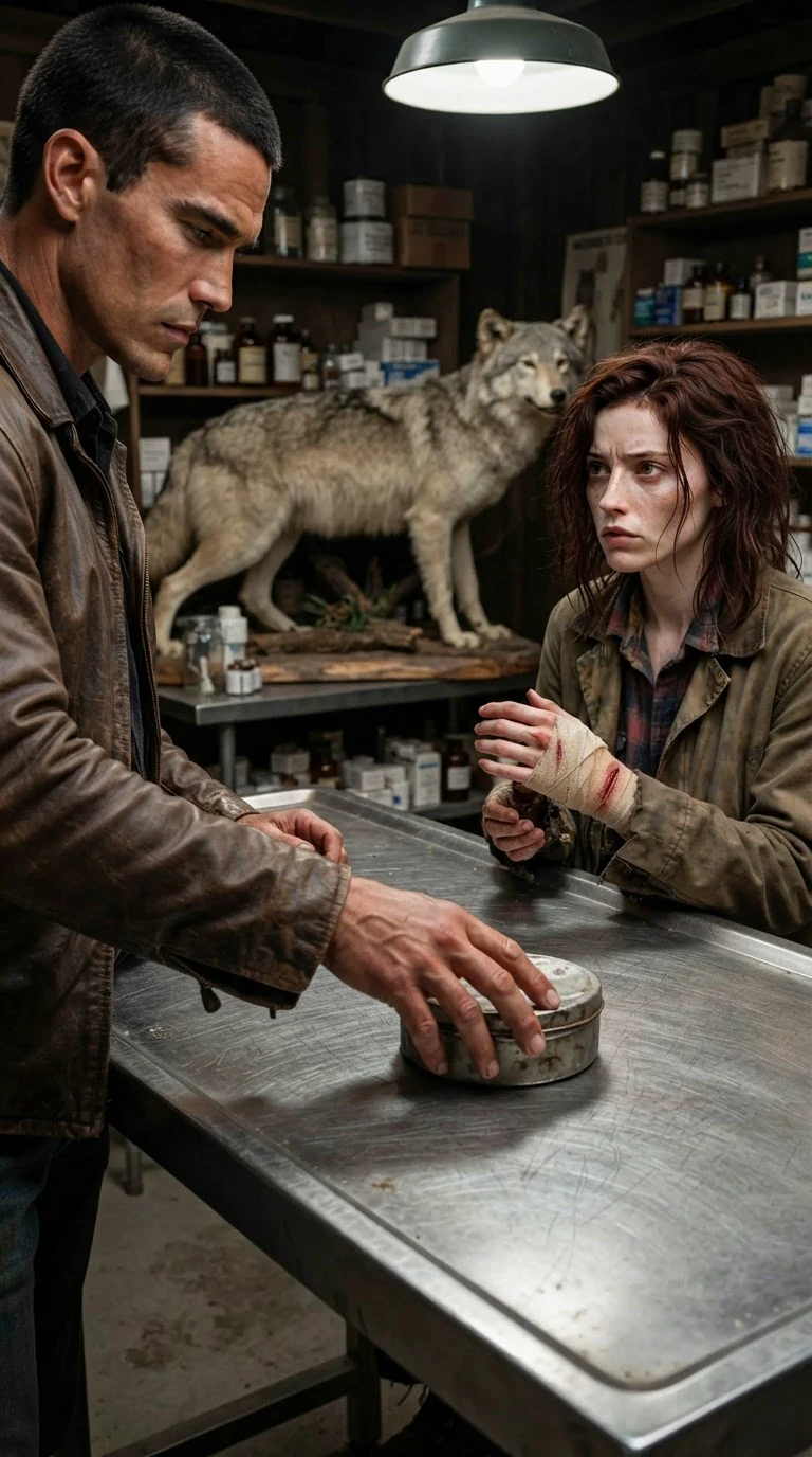 He sets a small tin down hard on the table between them.
