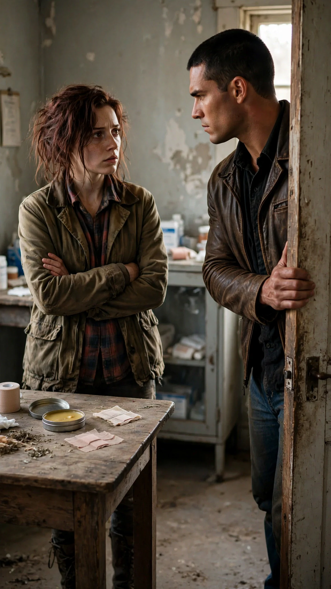 He steps back and half turns, one hand on the doorframe, still talking.