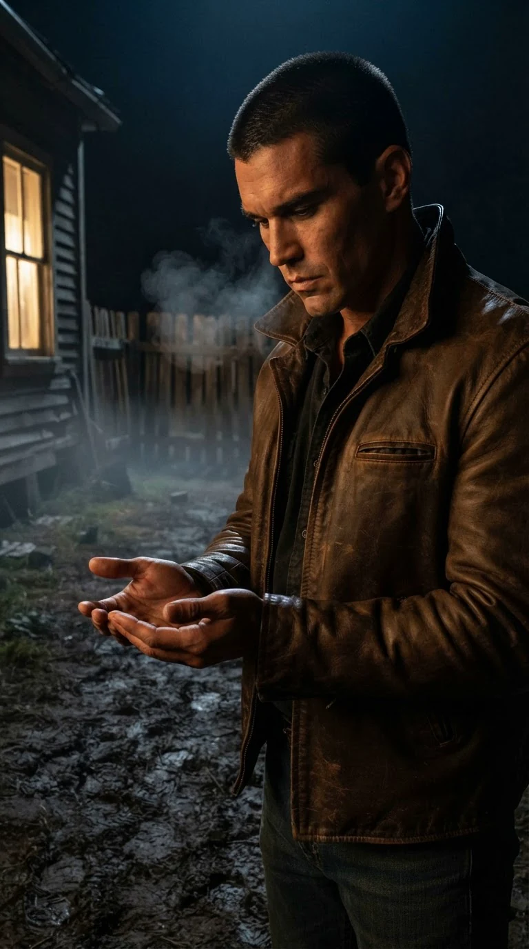 He stands alone in the cold yard, breath steaming, staring at his own hands.