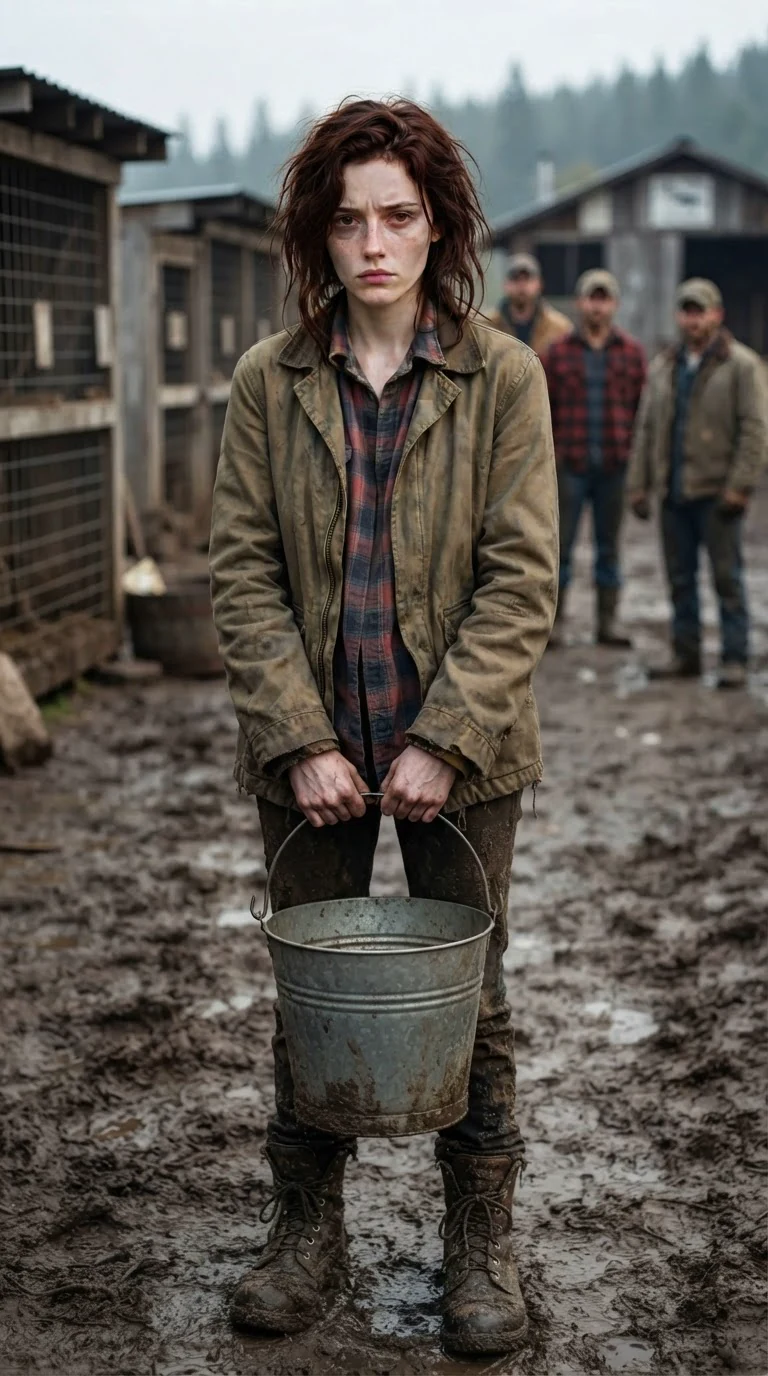 A pale freckled young woman with messy auburn hair stands in a muddy kennel yard holding a bucket while pack workers watch her.