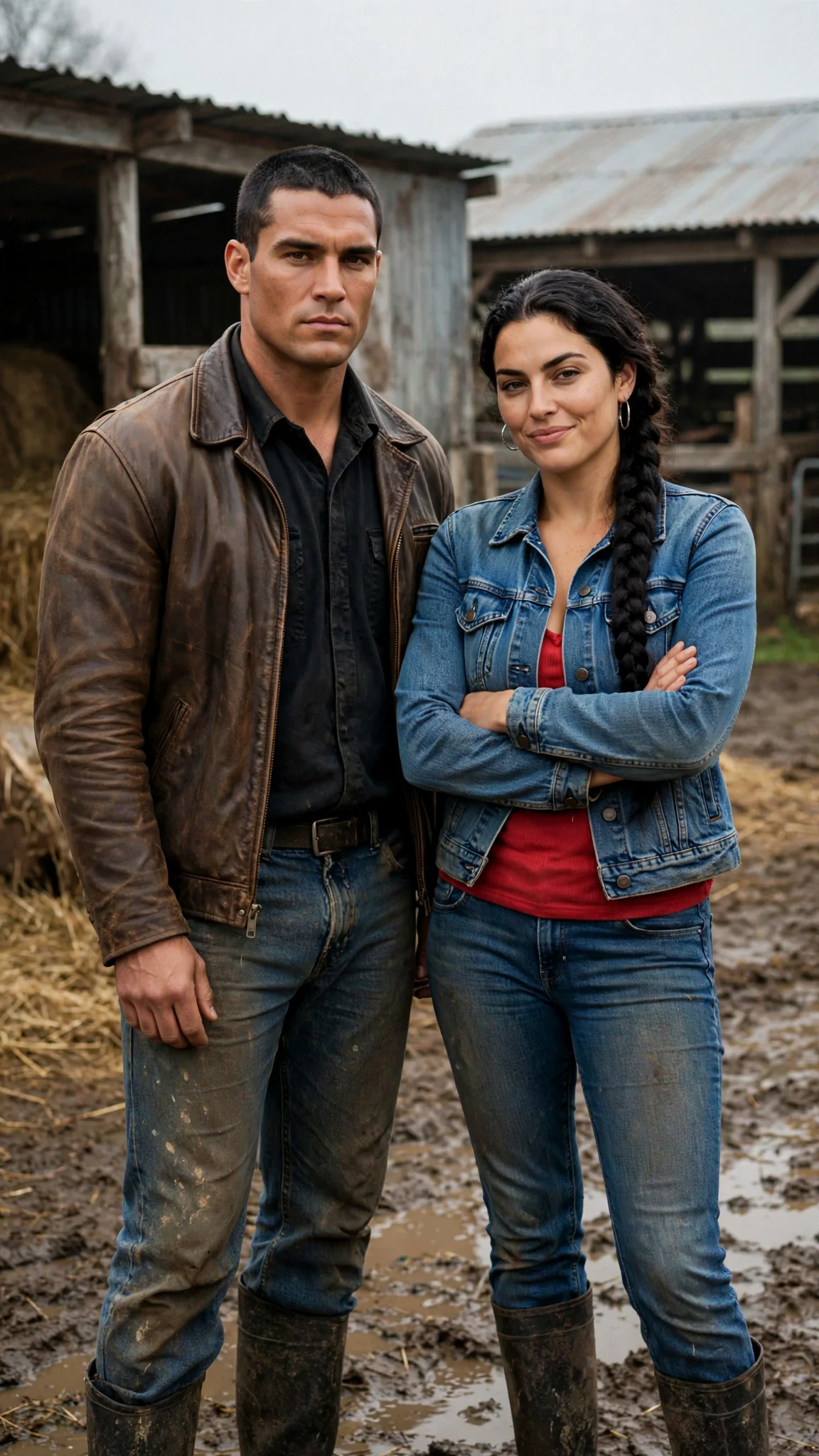 A tall broad Alpha in a leather jacket stands over the muddy yard beside a tall dark-braided woman in a red tank top.