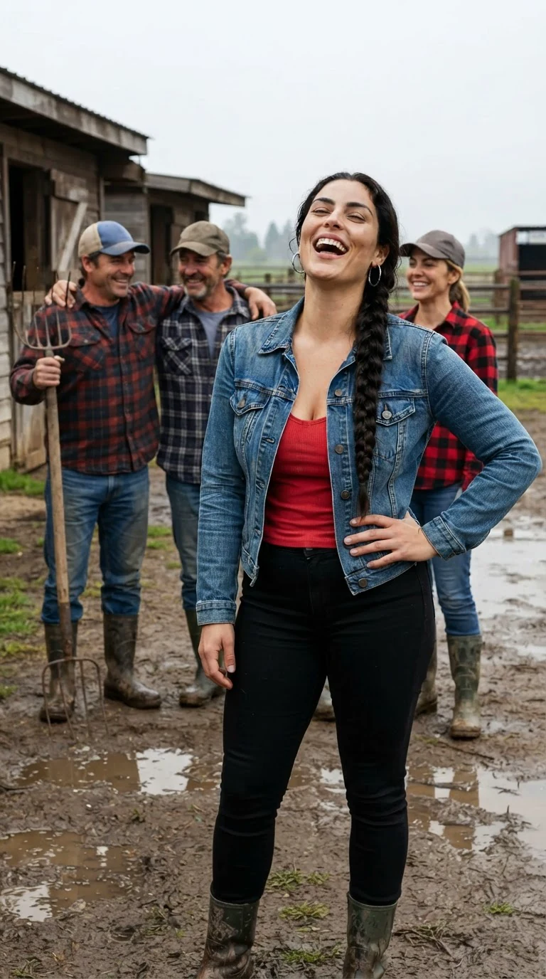 The dark-braided woman laughs with a hand on her hip while ranch workers smirk behind her.
