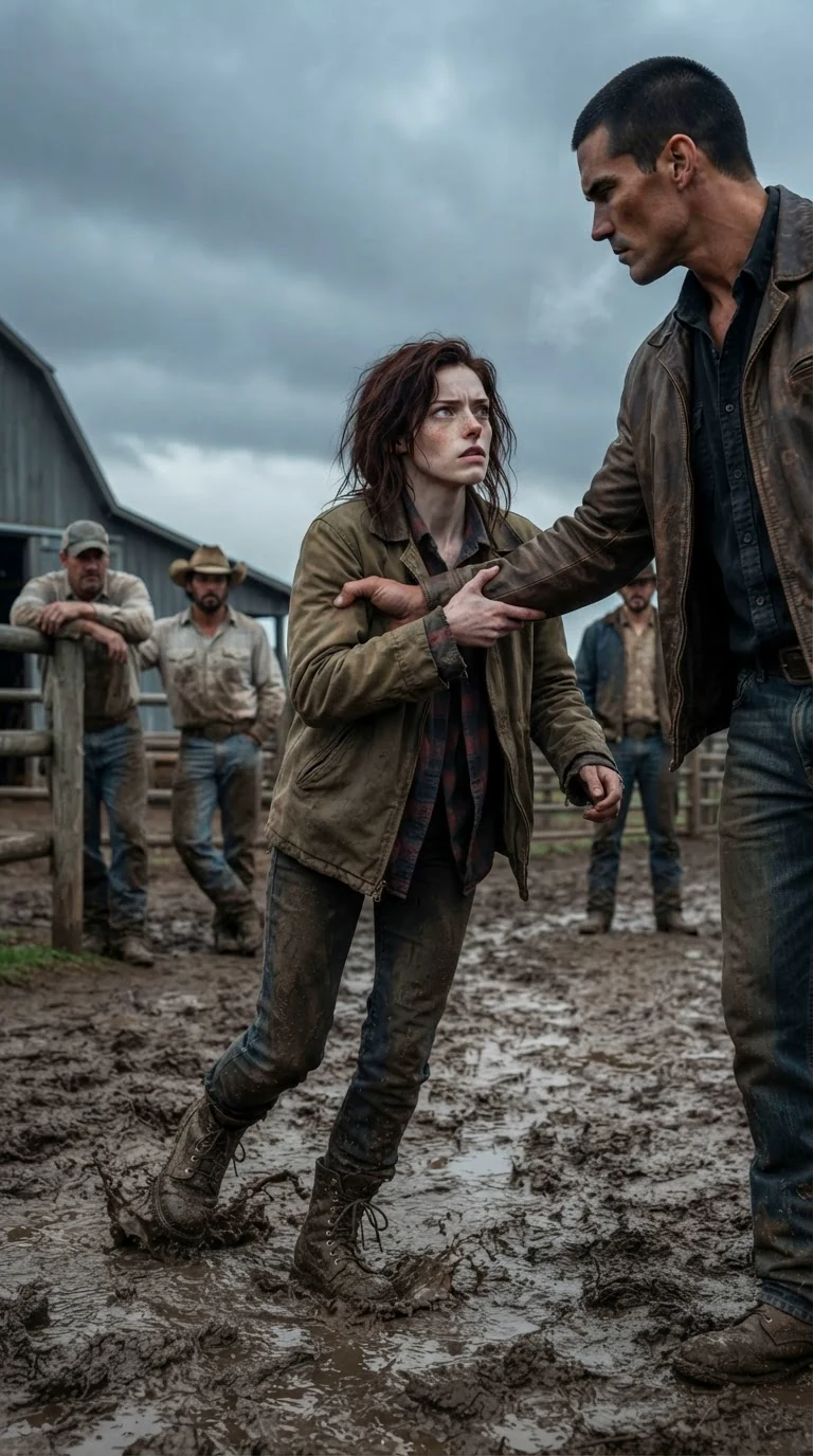 The Alpha grips the pale woman's arm and pulls her across the mud while workers stare.