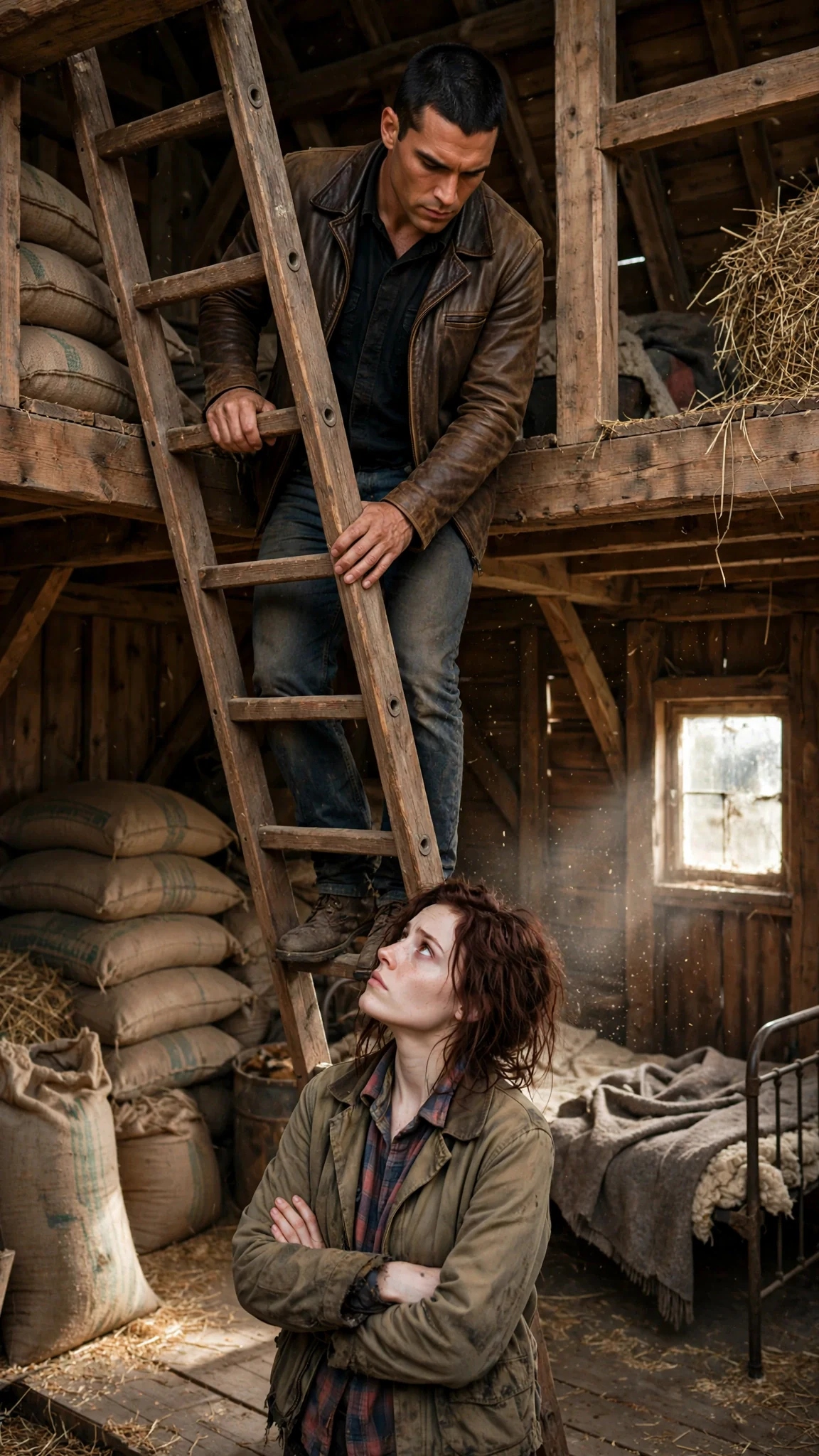 A cramped loft above a feed shed with a narrow cot and one small window, a wooden ladder leaning to the floor.