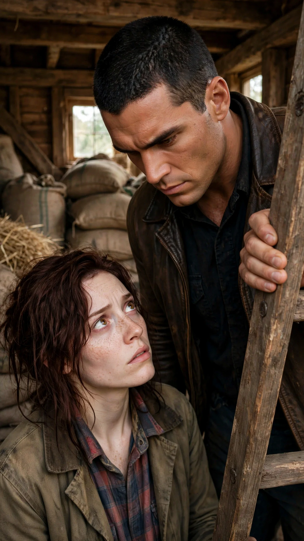 The Alpha stands close to the pale woman in the loft, jaw hard, one hand on the ladder rail.