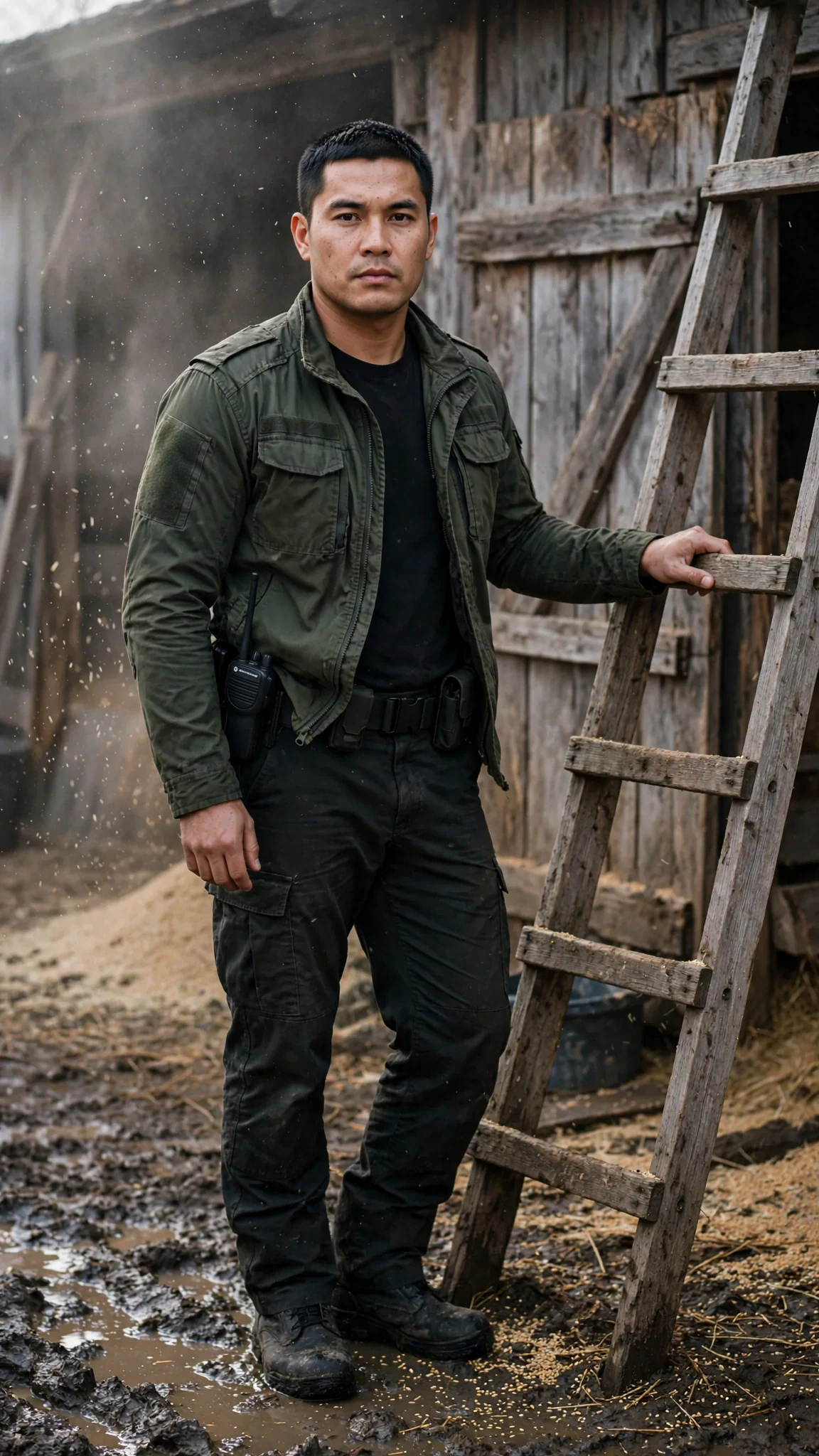 A square-faced guard in a pack jacket stands at the foot of the ladder with a radio on his belt.