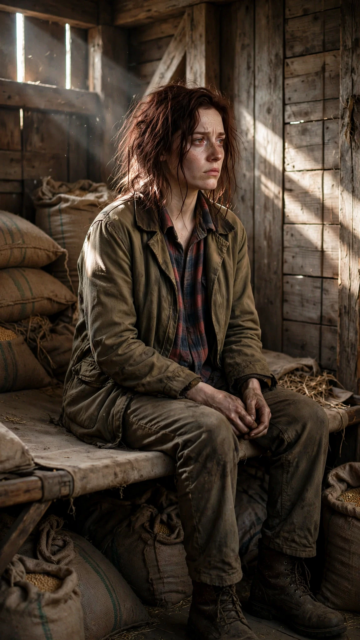 The pale woman sits on the cot edge in the loft, hands loose in her lap, staring at the wall.