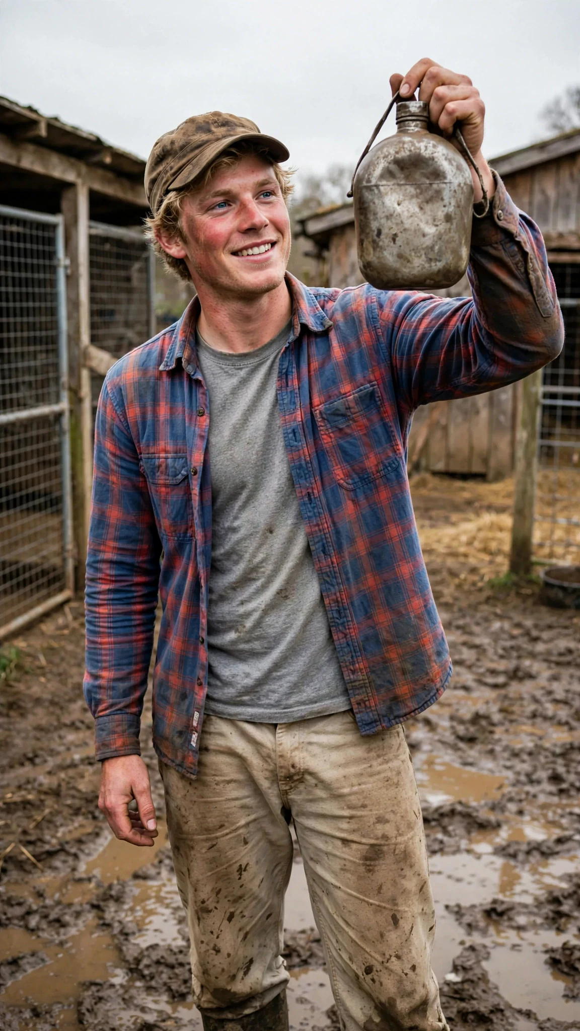 A lean sunburned kennel hand in a grease-stained cap holds up a tin canteen, grinning.