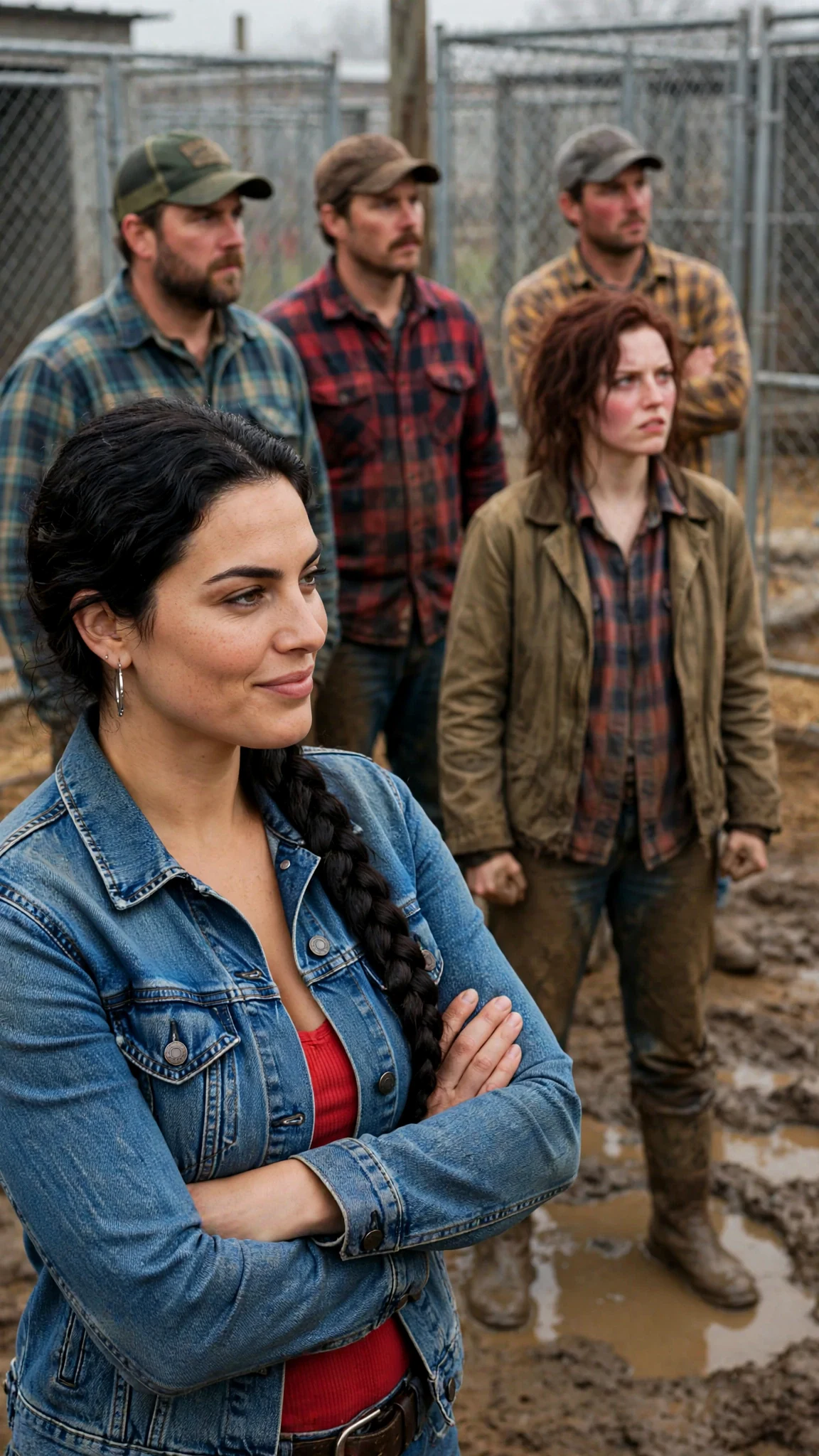 The dark-braided woman smirks with her arms folded while pack workers watch the pale woman.
