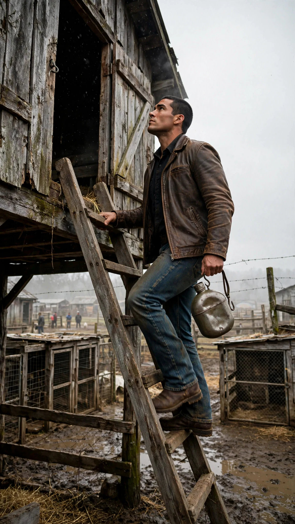 The Alpha climbs the ladder carrying the dented canteen, looking up at the loft opening.
