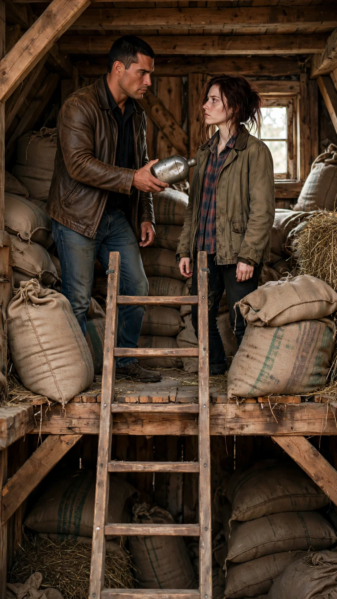 The Alpha holds out the canteen at the top of the ladder, the pale woman staring at him.
