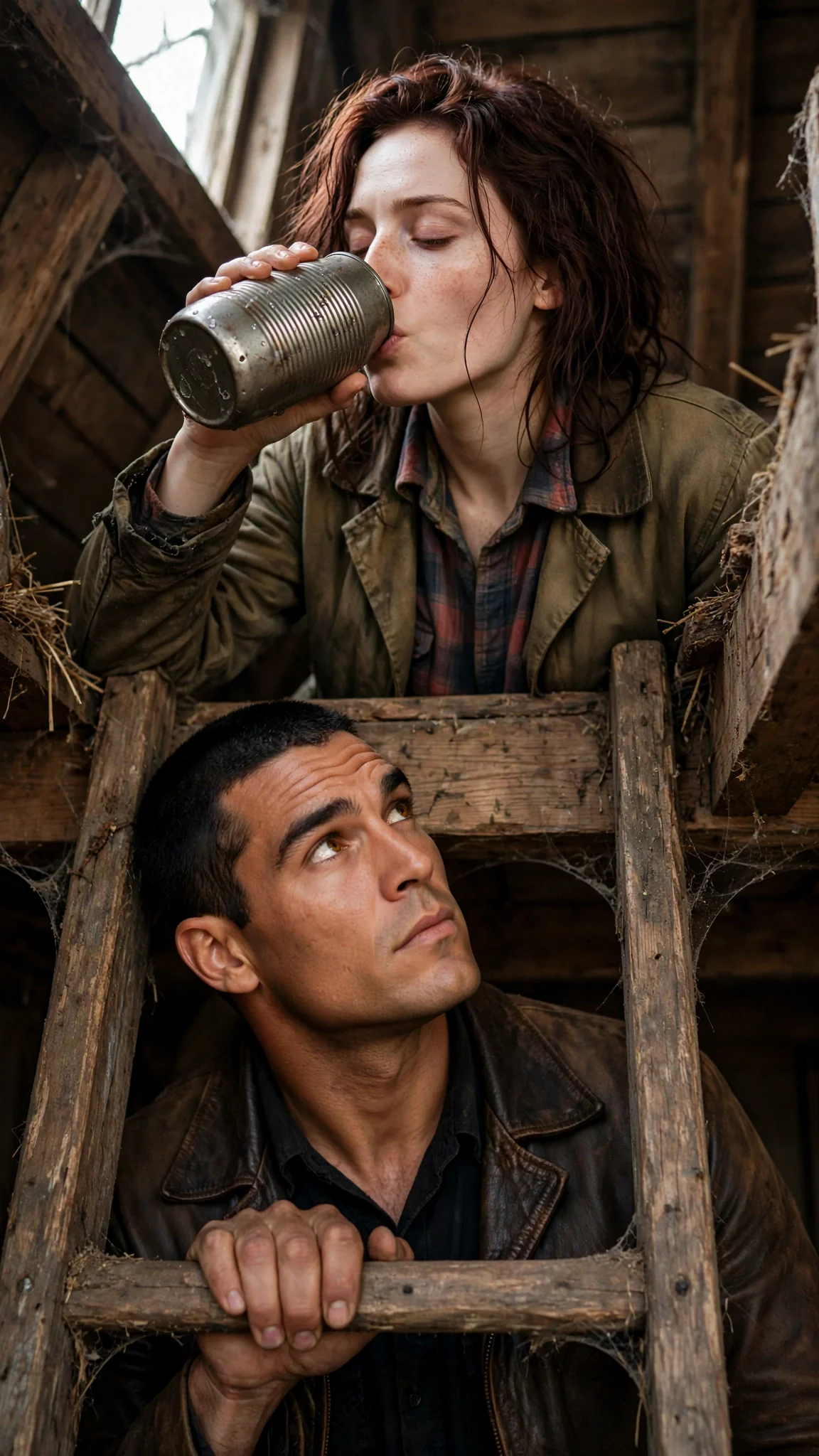 The pale woman drinks from the canteen while the Alpha watches her mouth from a step below.