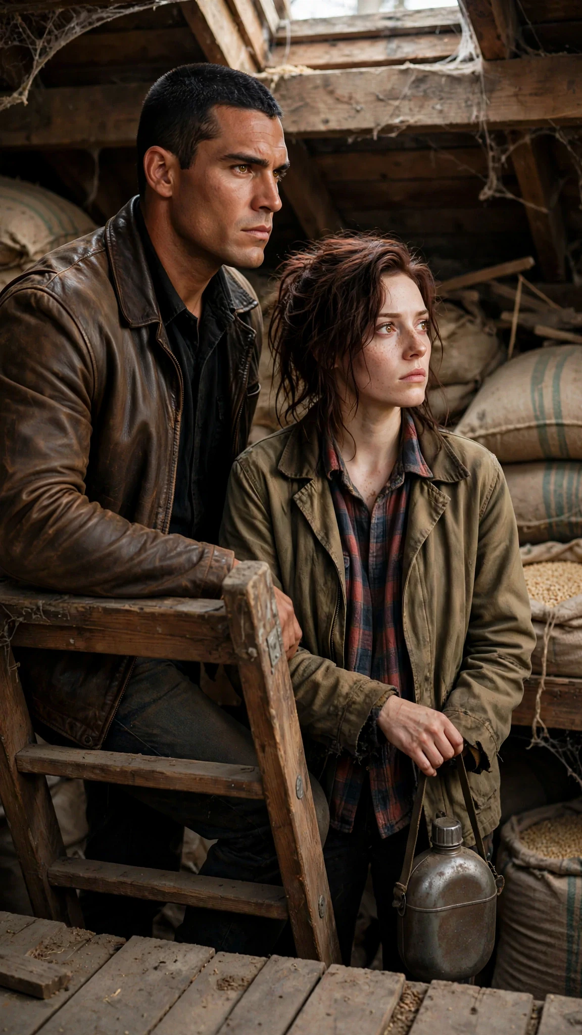 The Alpha looks down at the pale woman with a hard, hungry expression at the top of the ladder.