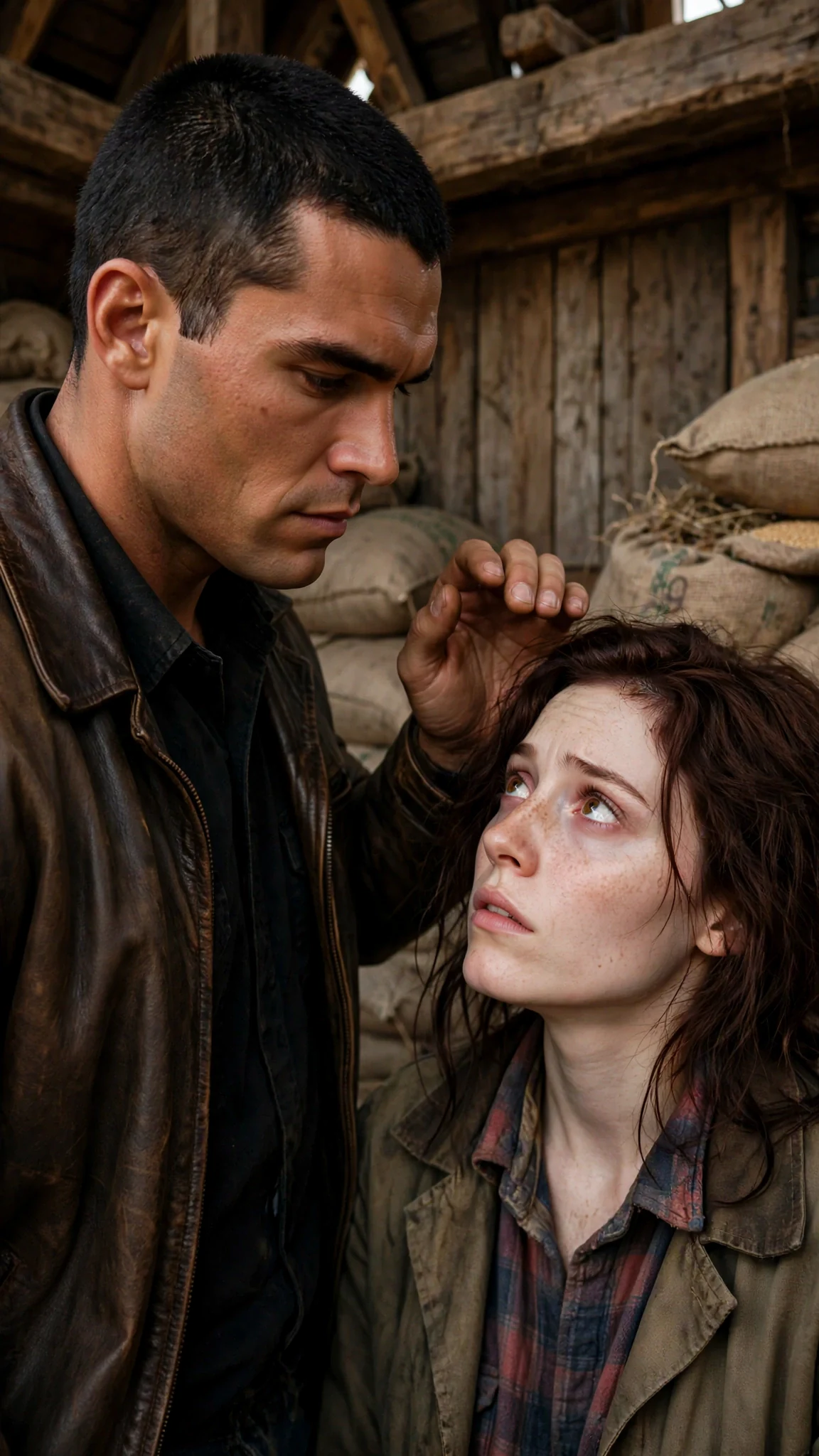 The Alpha's open hand hovers near the pale woman's cheek without touching it.