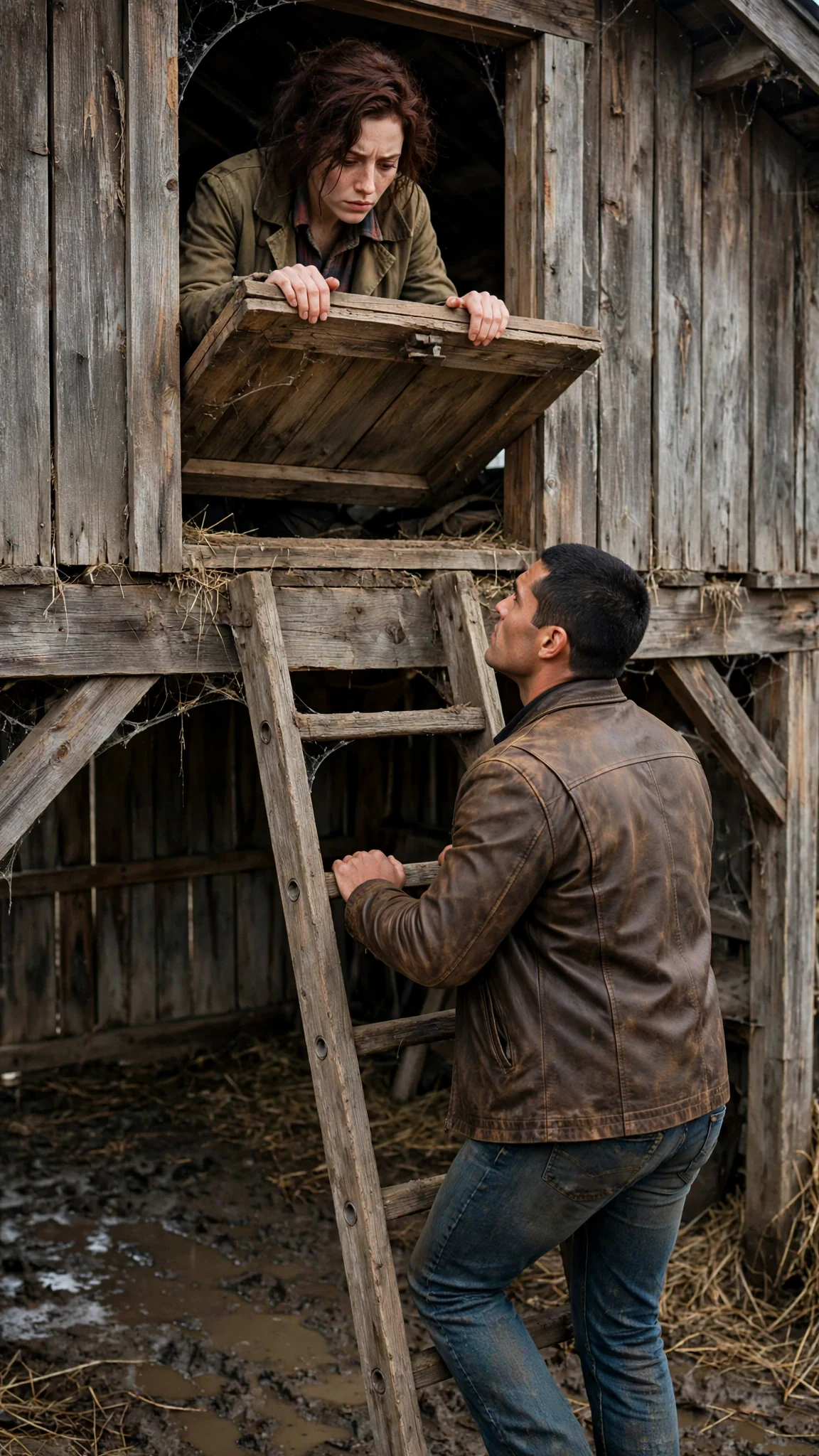 The Alpha climbs down the ladder as the pale woman watches from the loft opening.