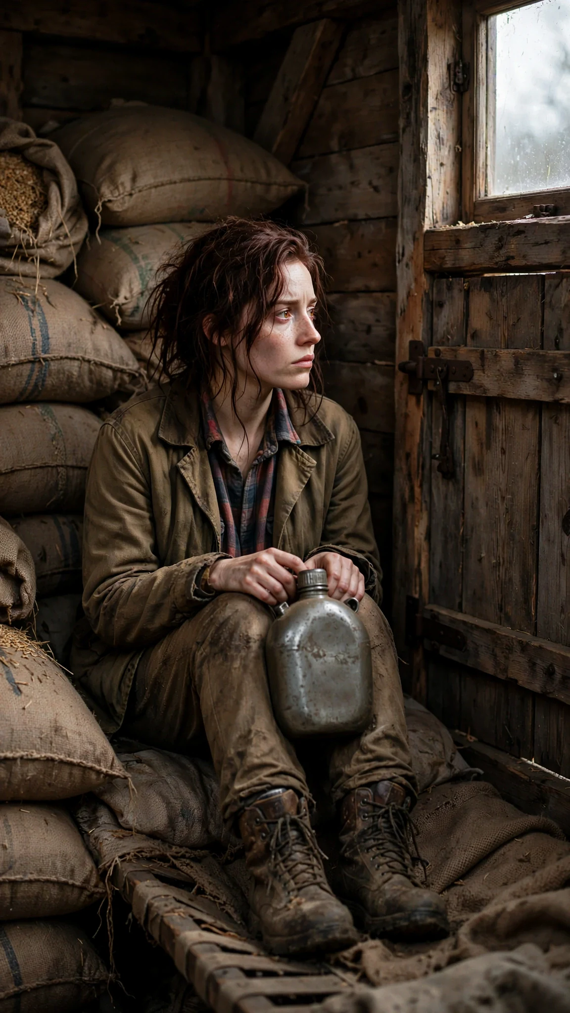 The pale woman sits alone on the cot with the canteen on her knees, staring at the closed hatch.
