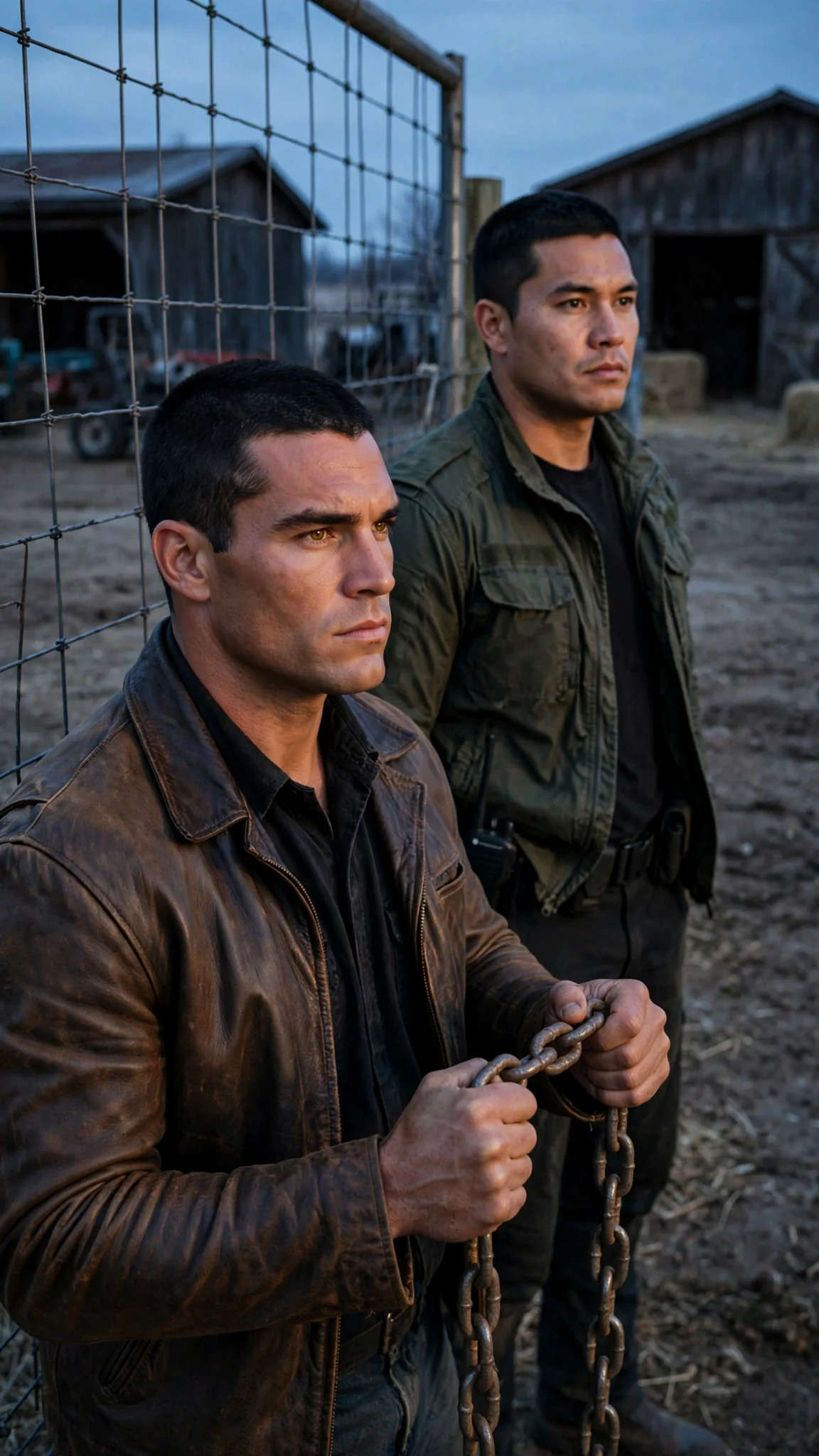 Rhett stands at a tall wire farm gate at dusk with a heavy chain in his hands while a guard waits behind him.
