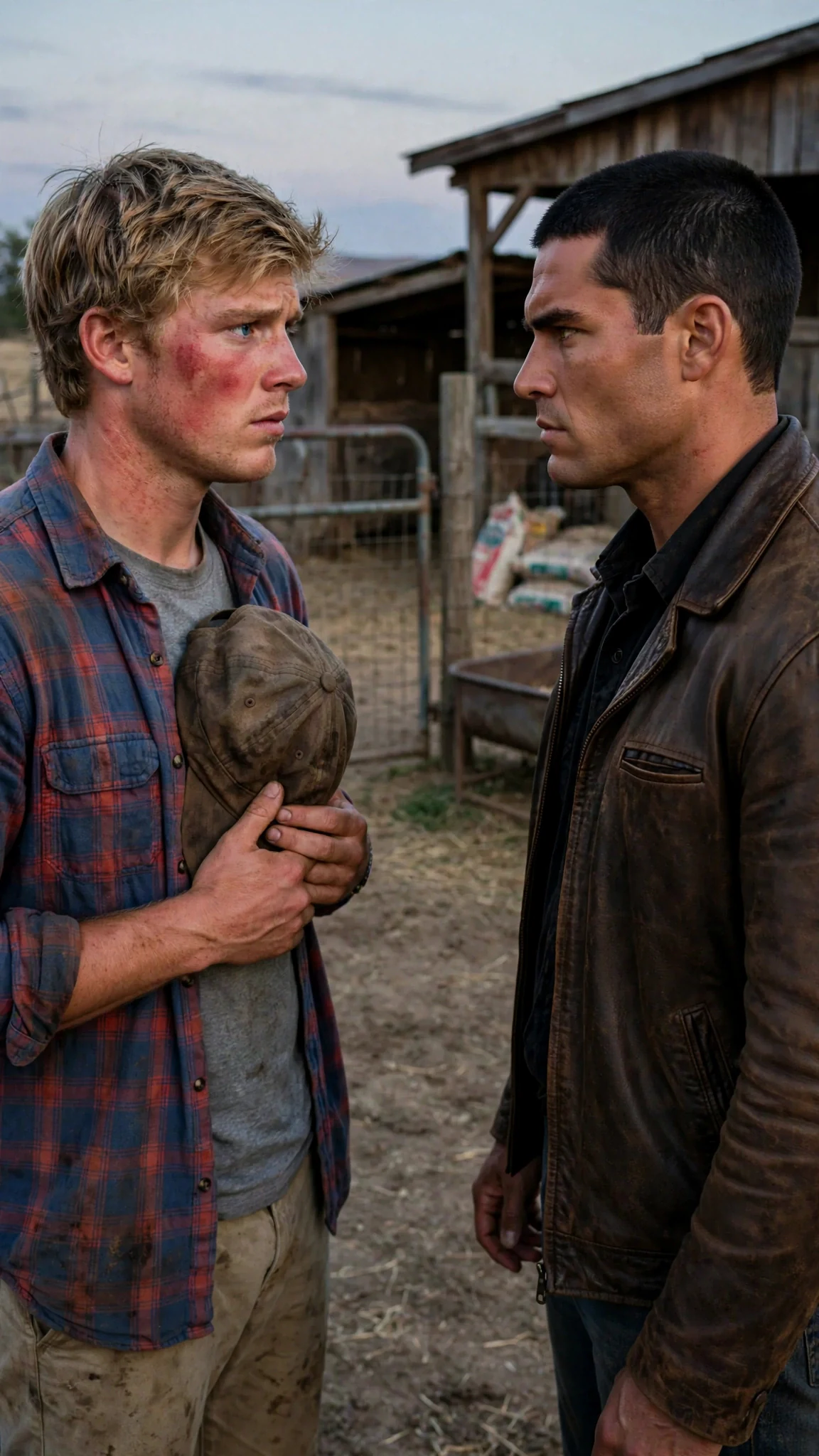 Cobb holds his cap in his hands while Rhett turns on him with a hard stare in the farmyard.