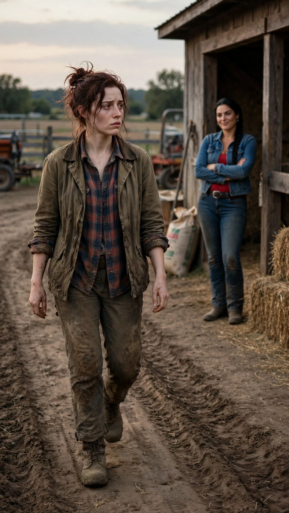 Garnet walks up the muddy track at dusk while Hedda watches from the shed with crossed arms.