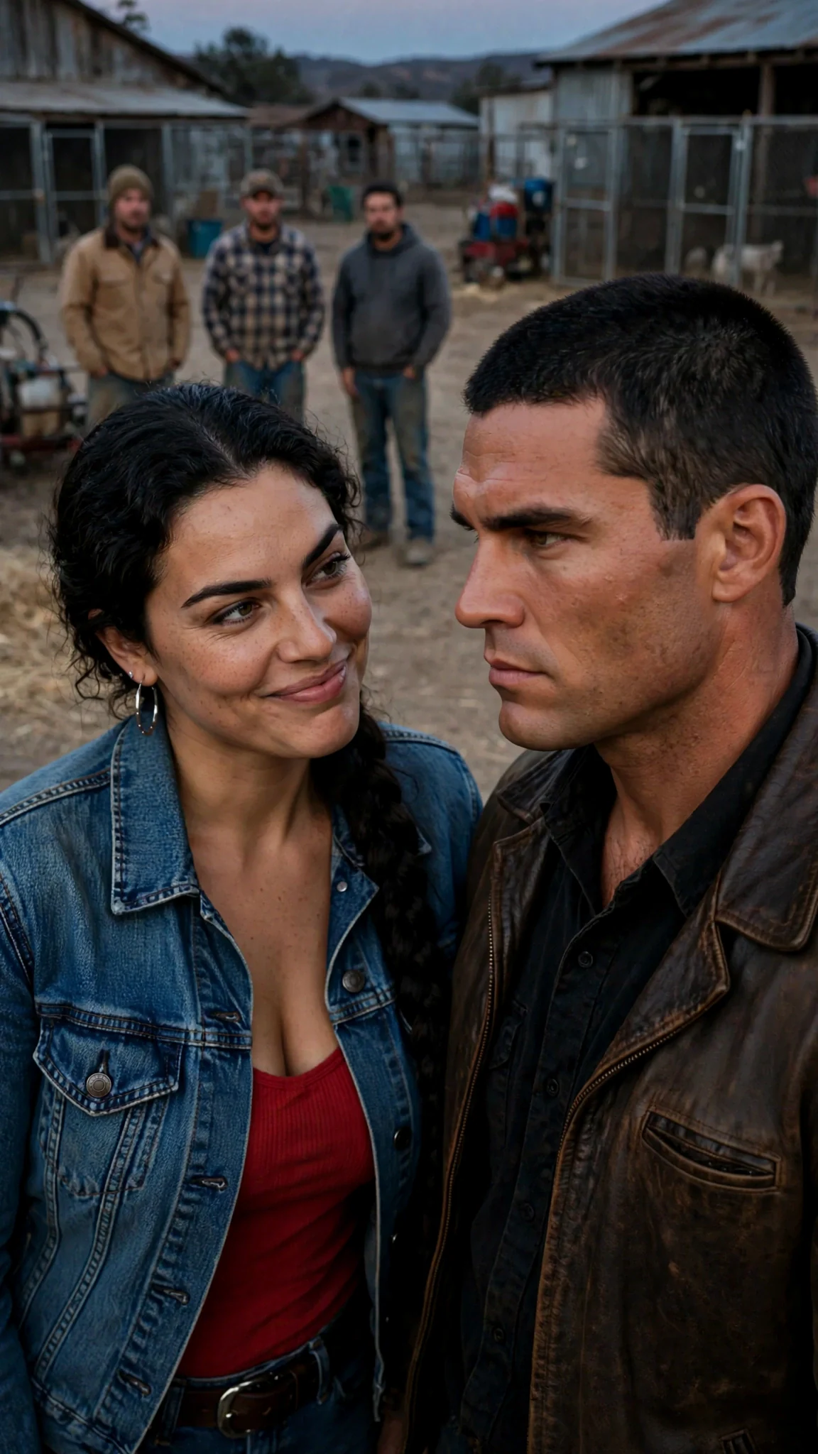 Hedda leans in with a smirk while Rhett answers her, the pack yard silent behind them.