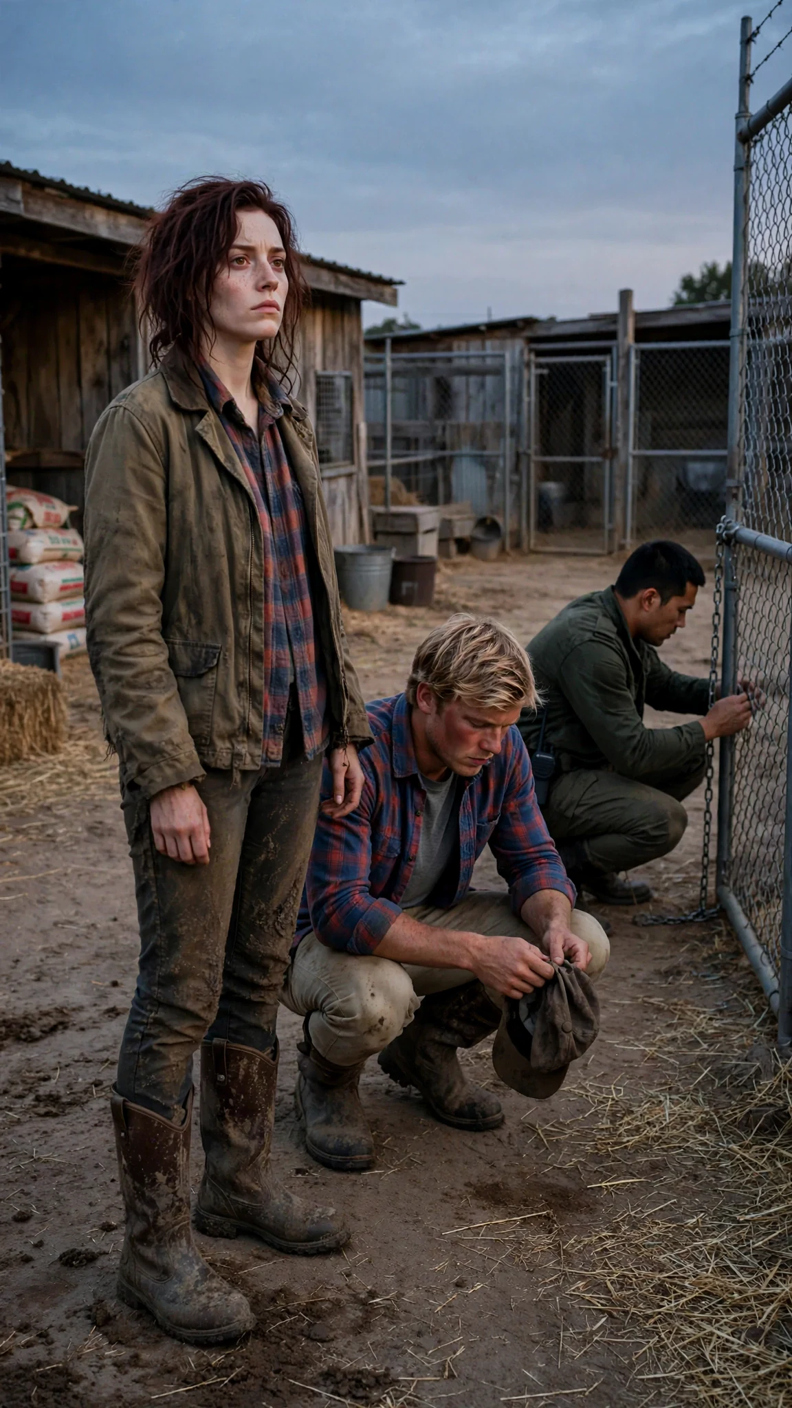 Garnet speaks flatly while Cobb stares at his boots and Marn studies the gate lock.