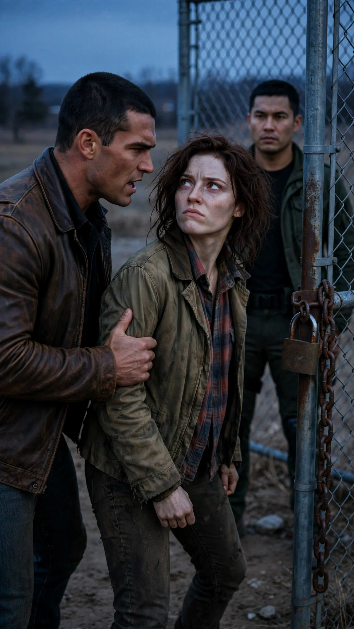Rhett holds Garnet's arm beside the chained gate, his face close and furious.