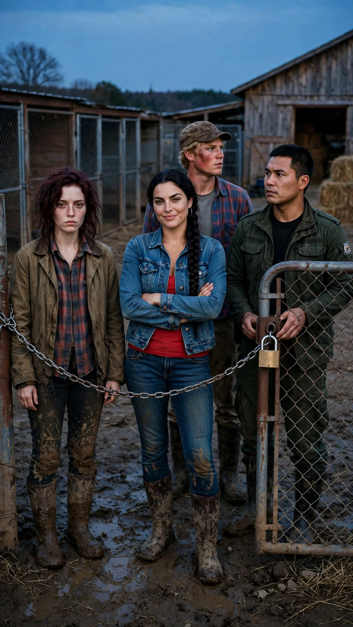 Hedda smirks with crossed arms while Cobb looks away and Garnet stands rigid at the gate.