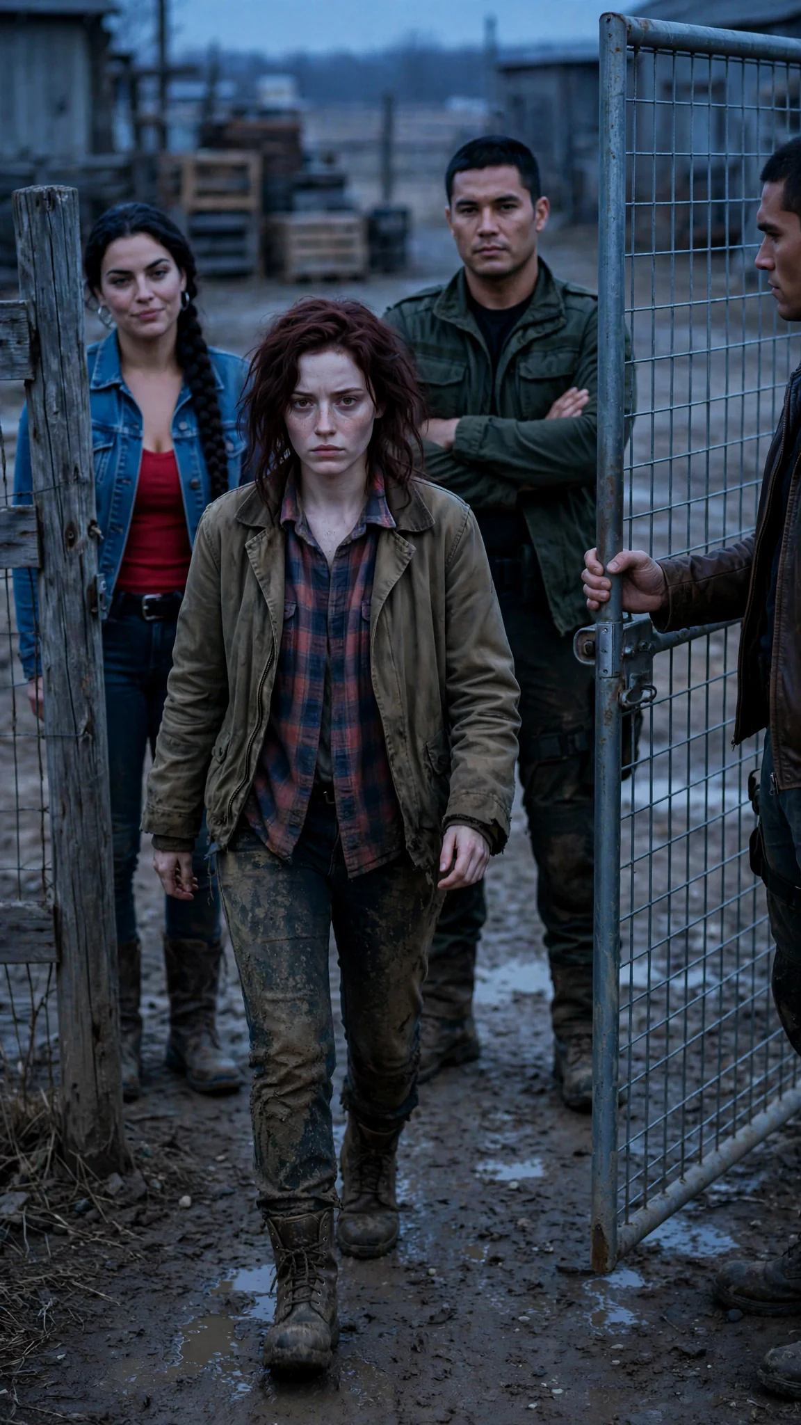 Garnet walks through the open gate with her shoulders back while the pack watches.
