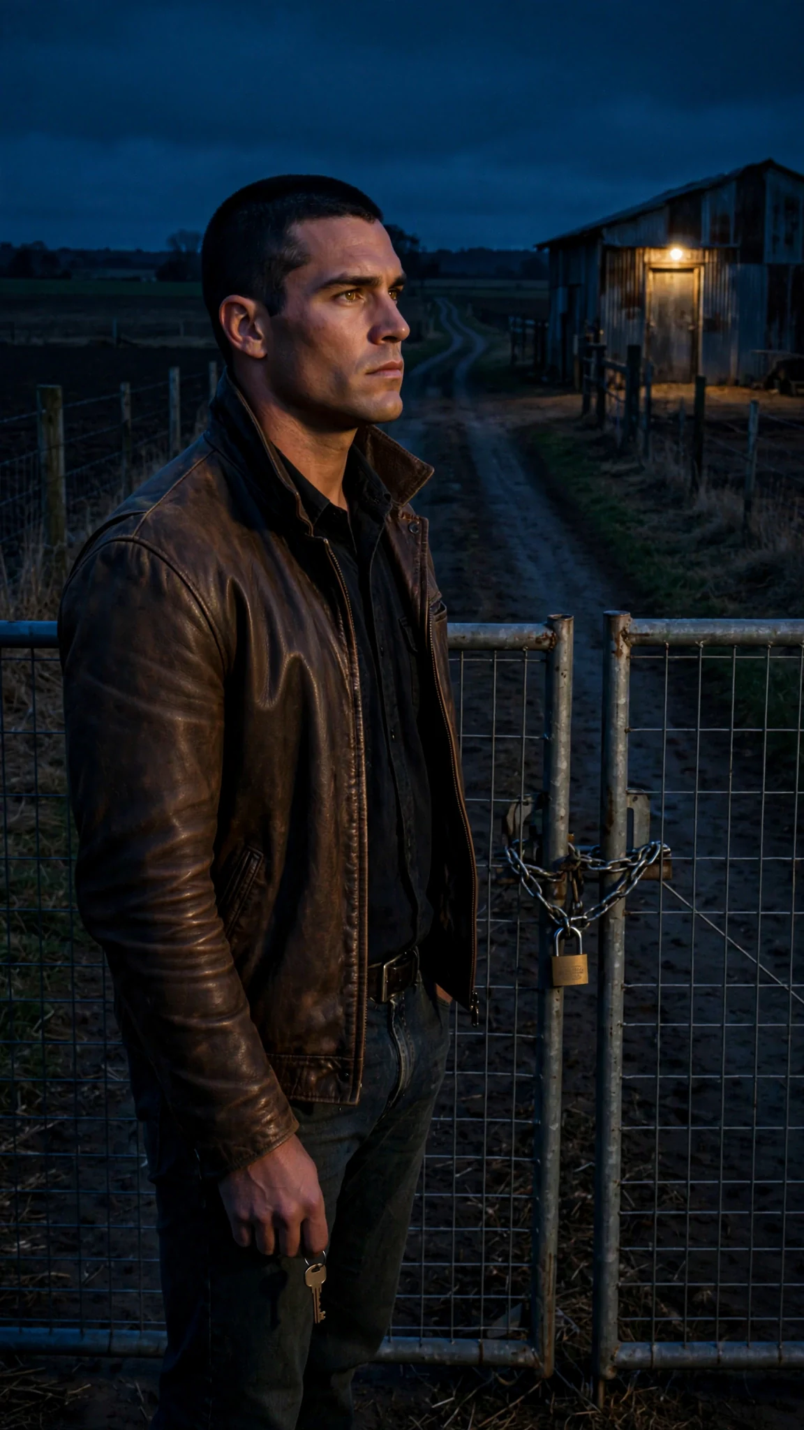 Rhett stands alone at the locked gate with a key in his hand as night falls.