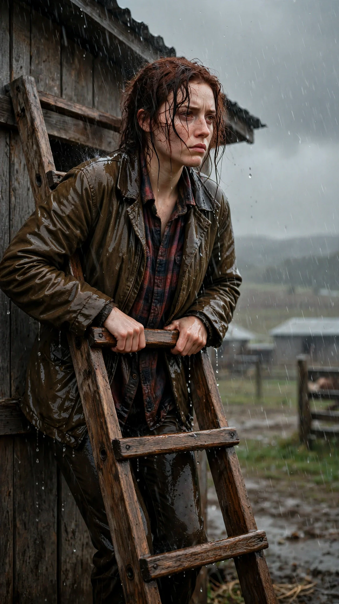 A soaked young woman clings to a ladder on a feed shed in sideways rain.