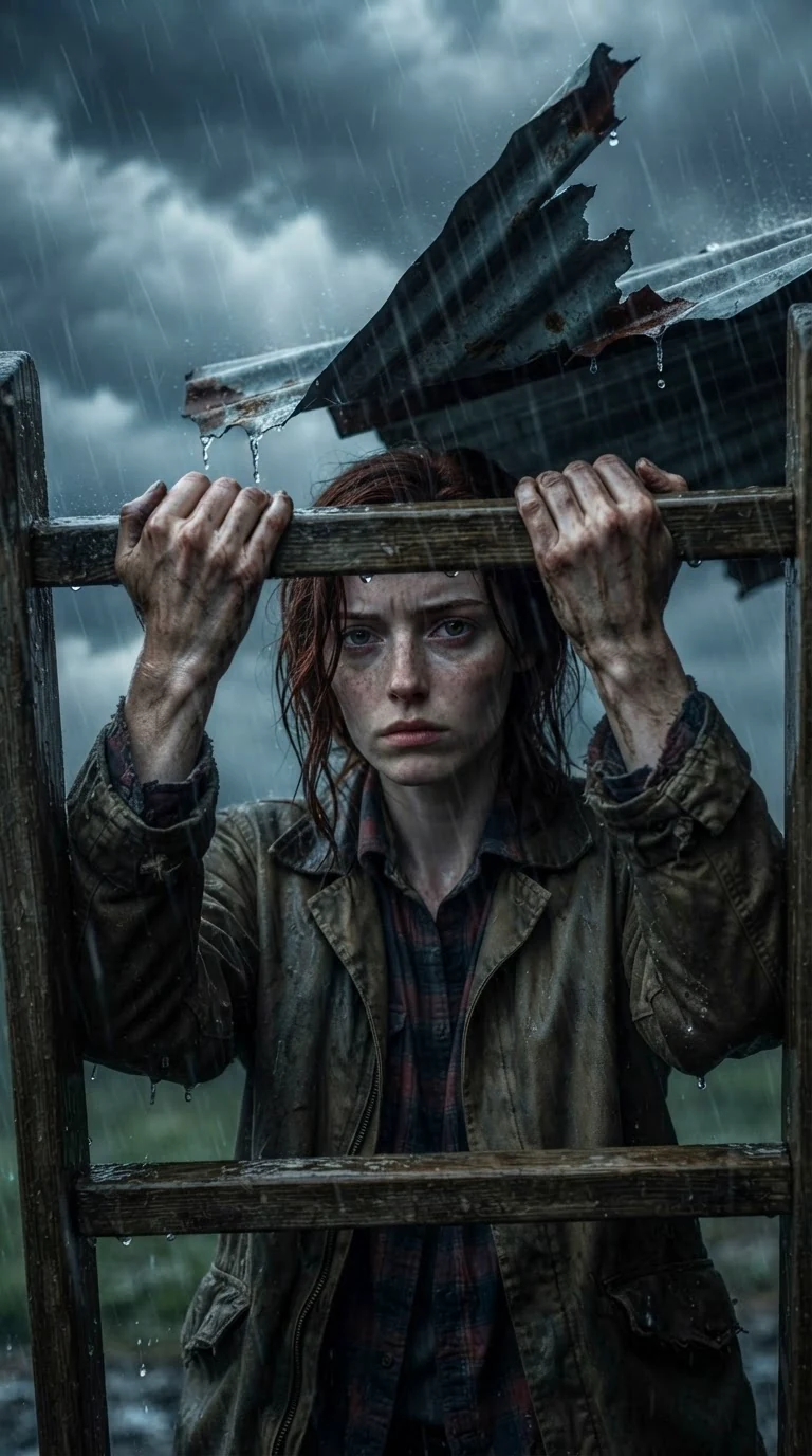Torn tin sheeting peels off the shed roof above her hands.