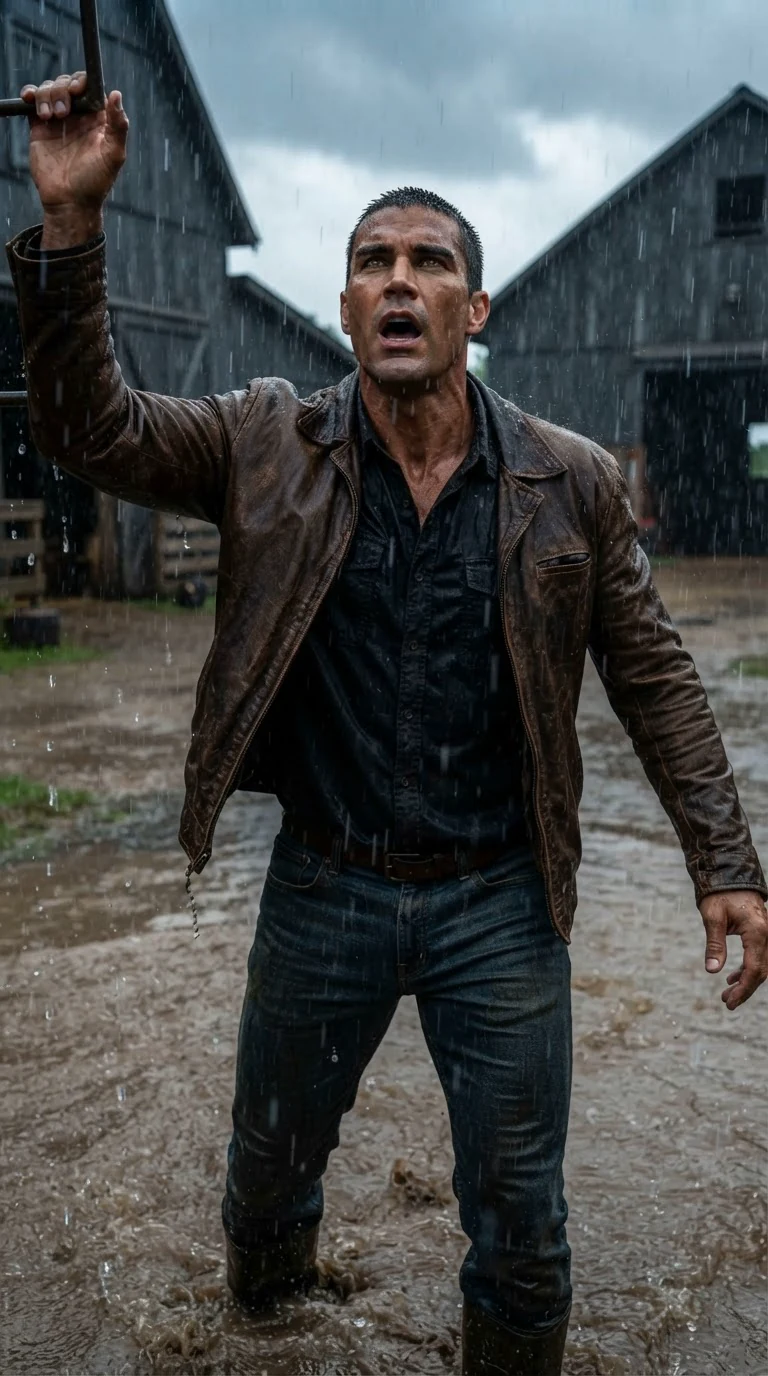 The Alpha stands in the flooded yard, shouting up at her through the storm.