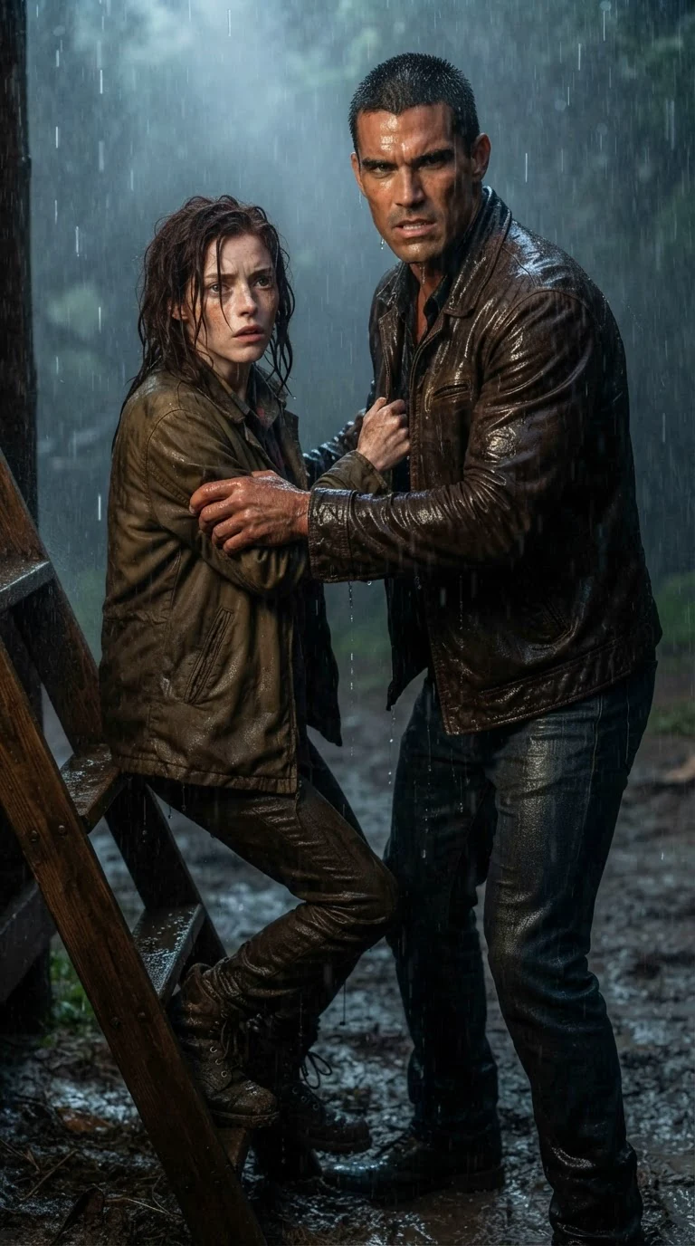 He hauls her off the ladder by the arm in the rain, jaw tight.