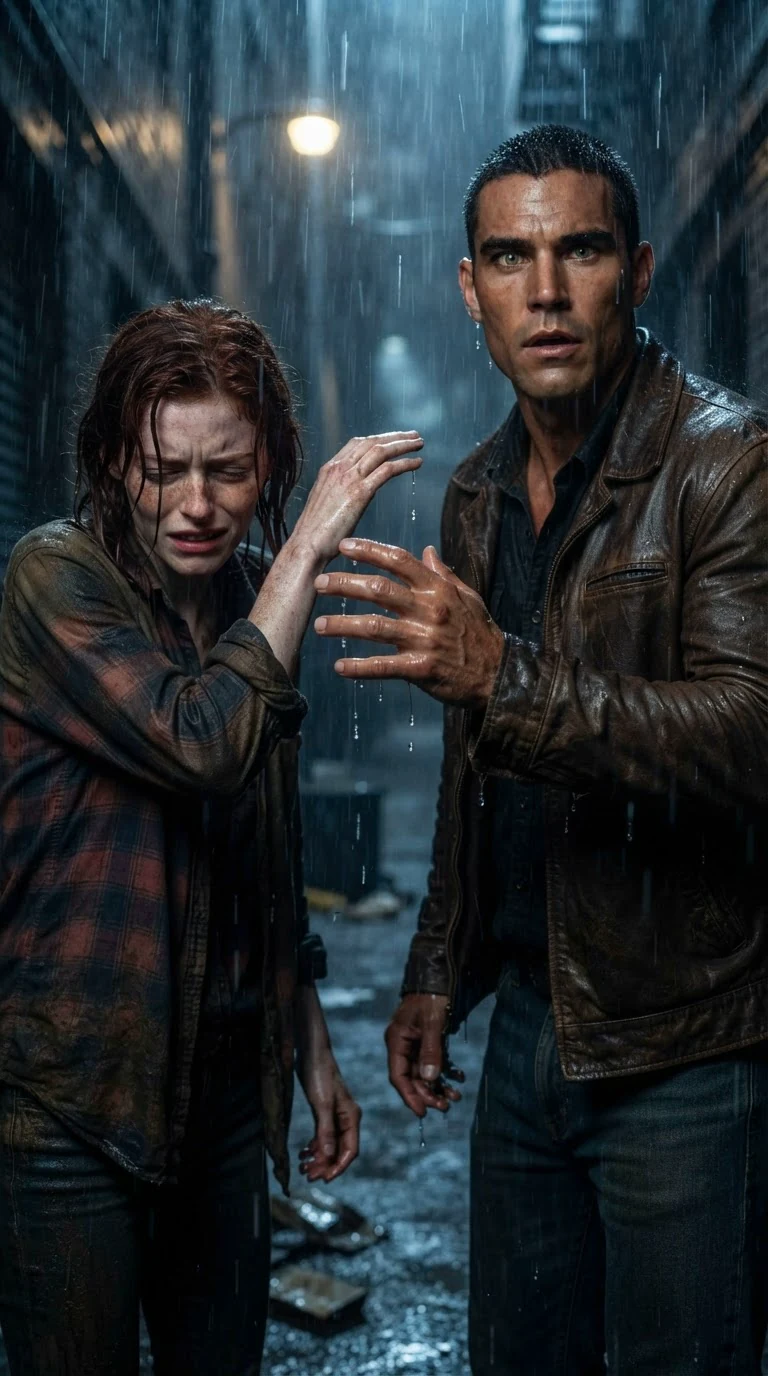 She flinches hard from his raised hand, arm up, face turned away.
