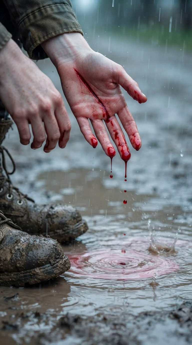 Blood washes off her fingers into the muddy water.