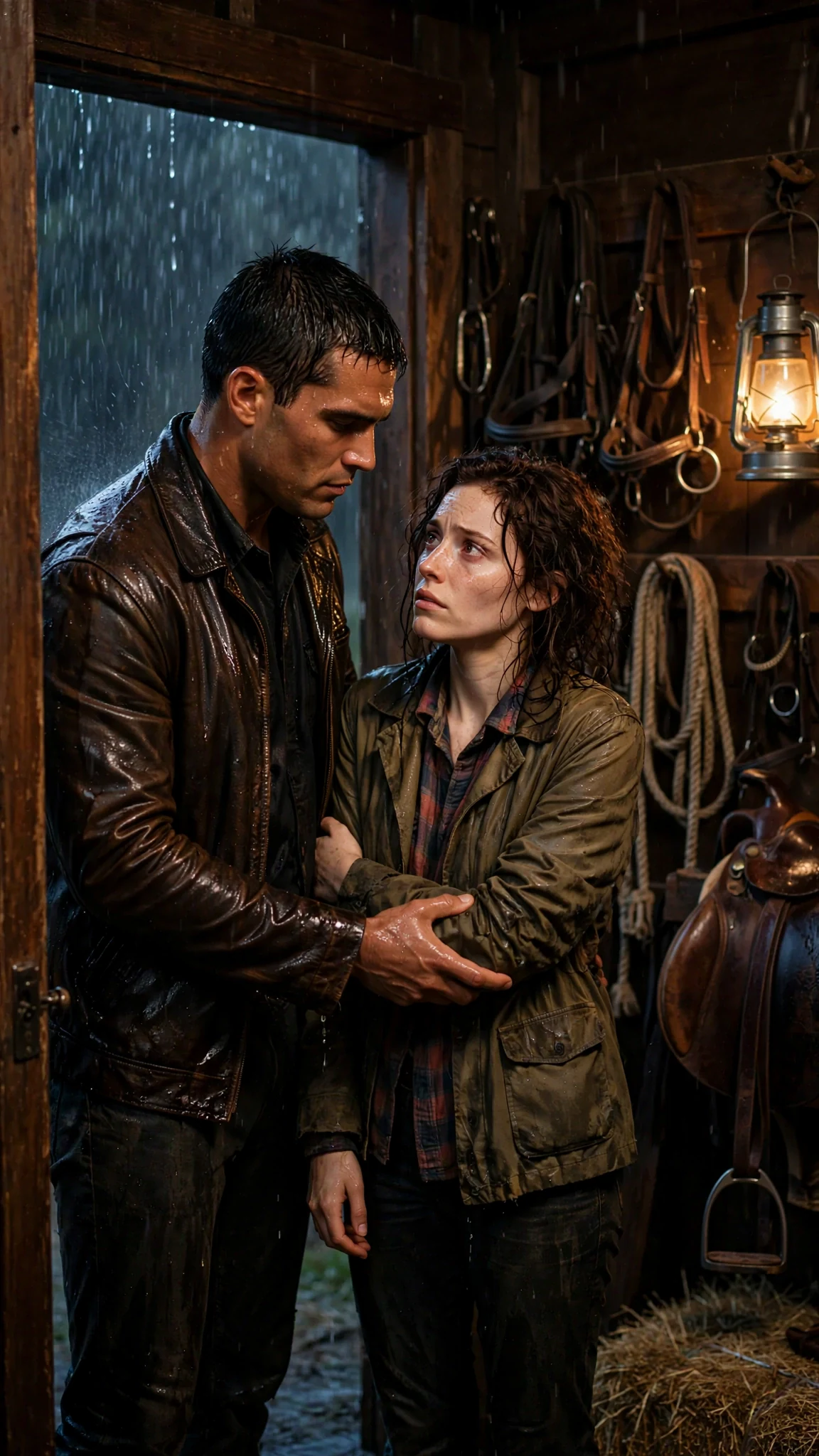 He takes her elbow gently and steers her through the tack room door.
